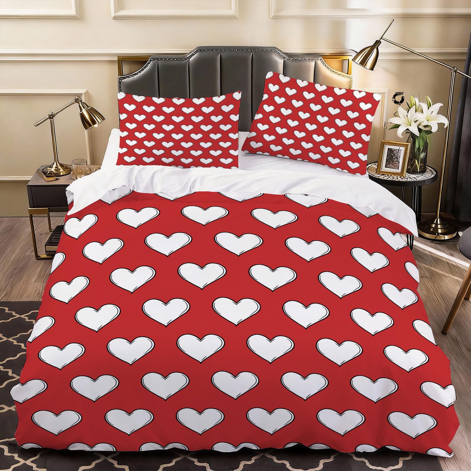 3D Romantic Heart Duvet Cover Simple Bedding Double Bed Set, Soft Microfiber Comforter Cover Printed with Zipper Closure Quilt Coverr 200x200 cm and 2 Pillowcases