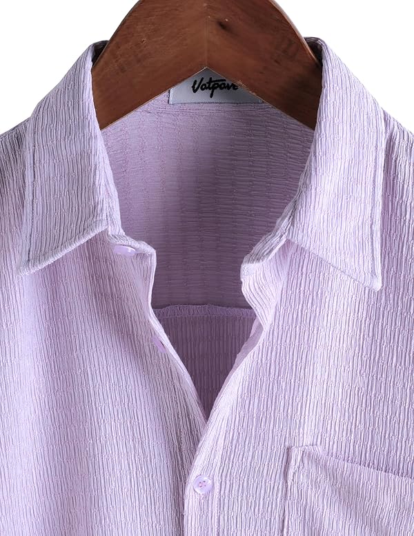 VATPAVE Mens Summer Striped Shirts Button Down Short Sleeve Vintage Beach Hawaiian Shirts with Pocket Small Pure Lavender by VATPAVE - Used condition - Image 2