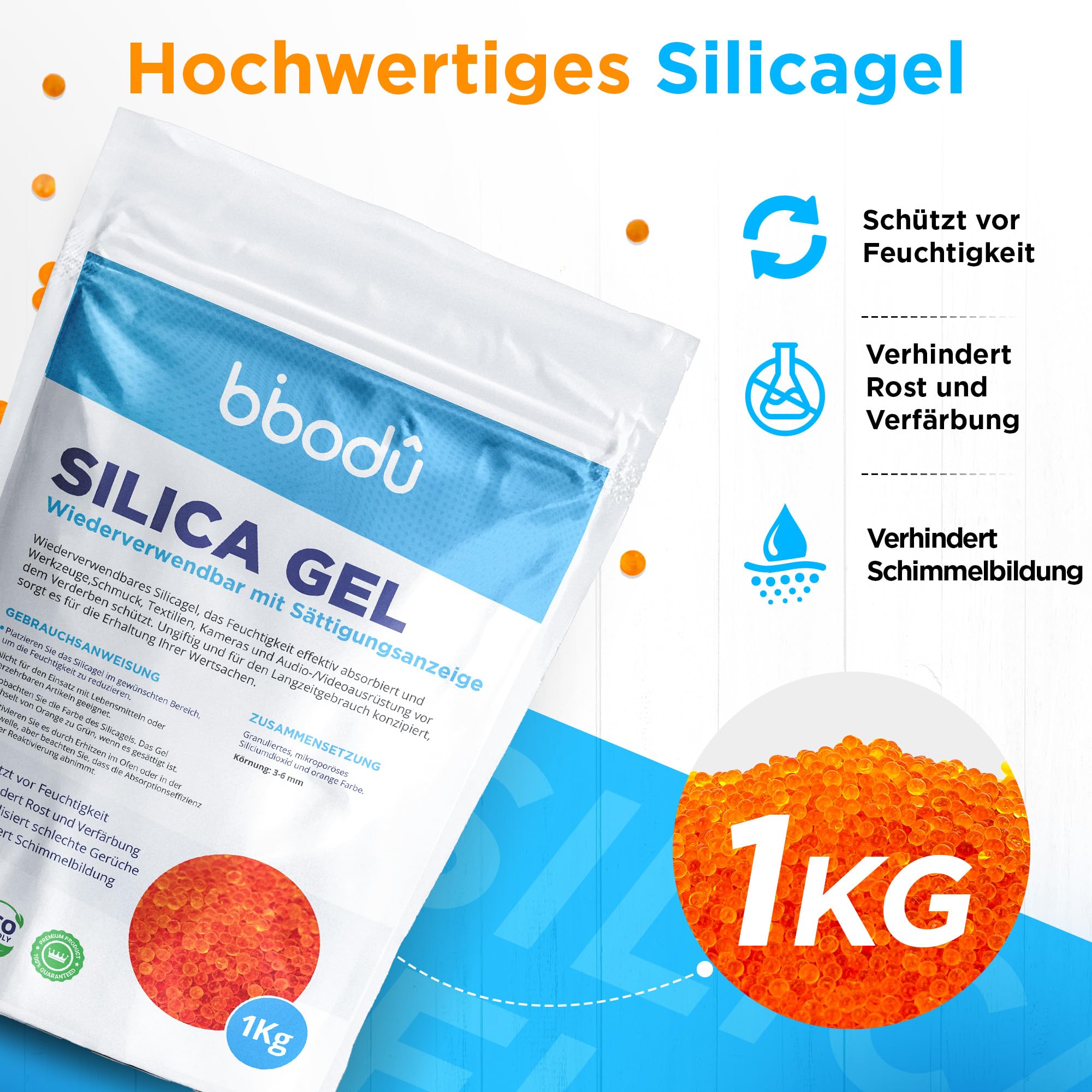 Silica Gel Orange 1KG + 10 Beutel | Silica Kugeln Wiederverwendbar mit Sättigungsindikator | Ideal für Schränke, Schubladen und Elektronik