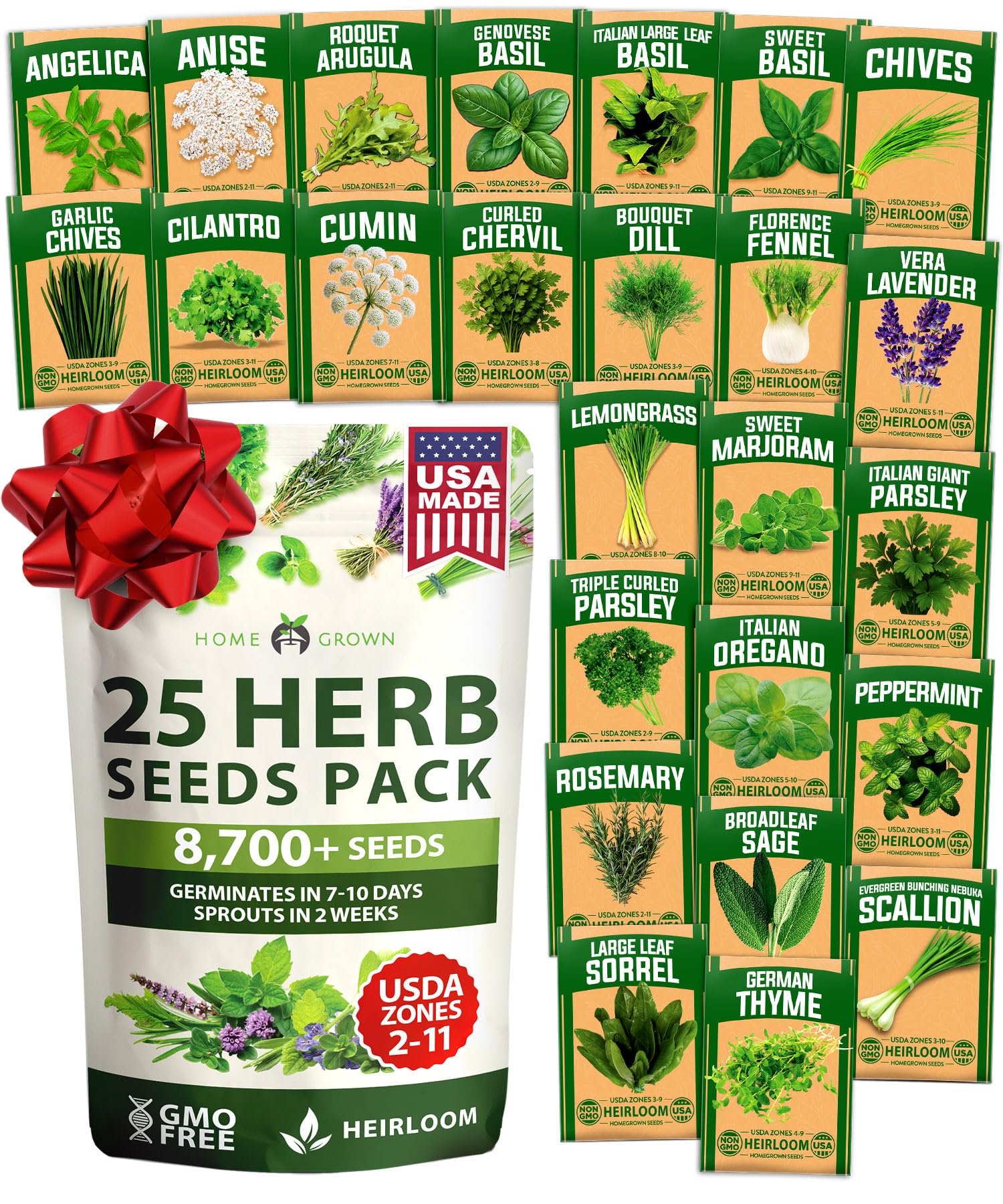 HOME GROWN 25 Herb Seeds for Planting 8,700+ Non-GMO Heirloom Seeds | Extra Large Variety Pack Herb Kit – Indoor Outdoor & Hydroponic | Culinary Seed Set | Grow Your Own Herbs | Gardening Gift