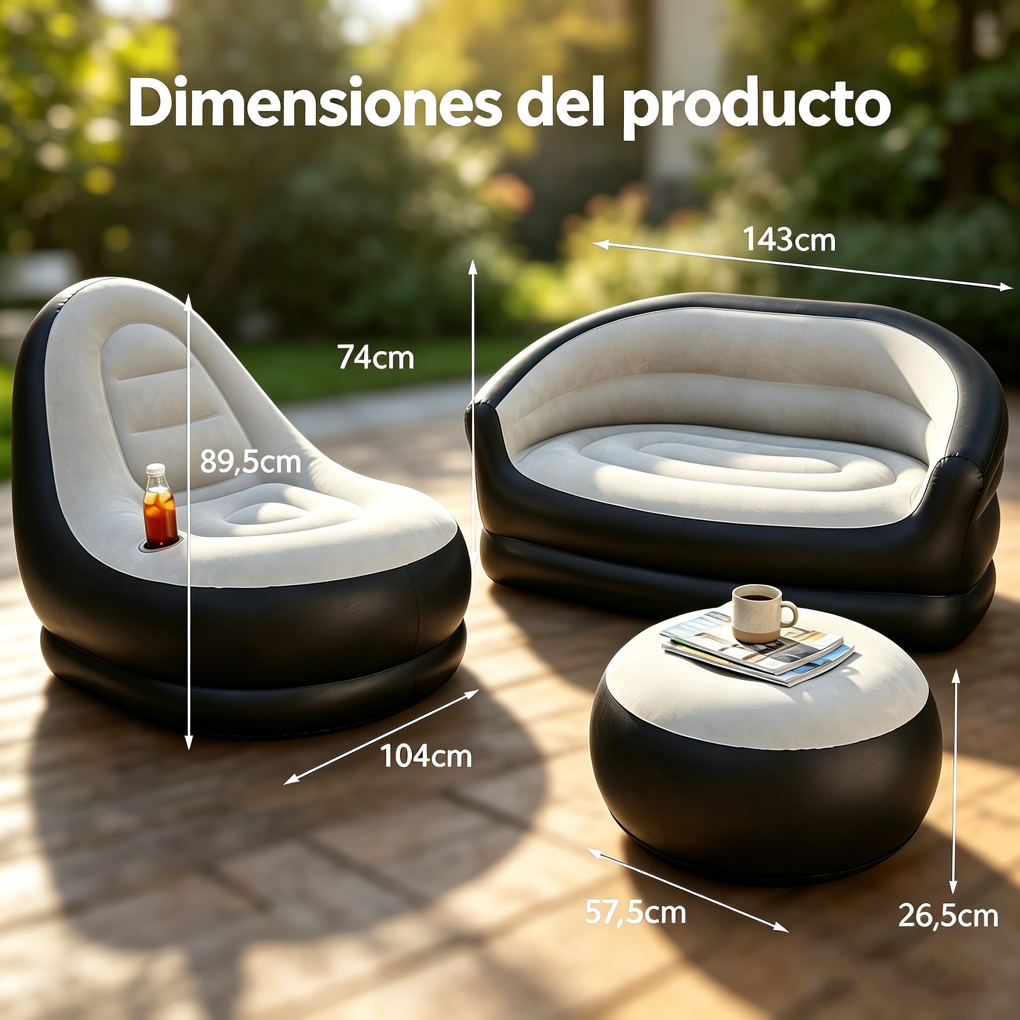 COSTWAY Conjunto Sofás Hinchables, 1 Sofá de 2 Plazas + 1 Sofá con Otomana, Sofás Portátiles para Adultos con Superficie Flocada, Sillones Inflables para Exterior Interior Camping Viajes,Sin Bomba