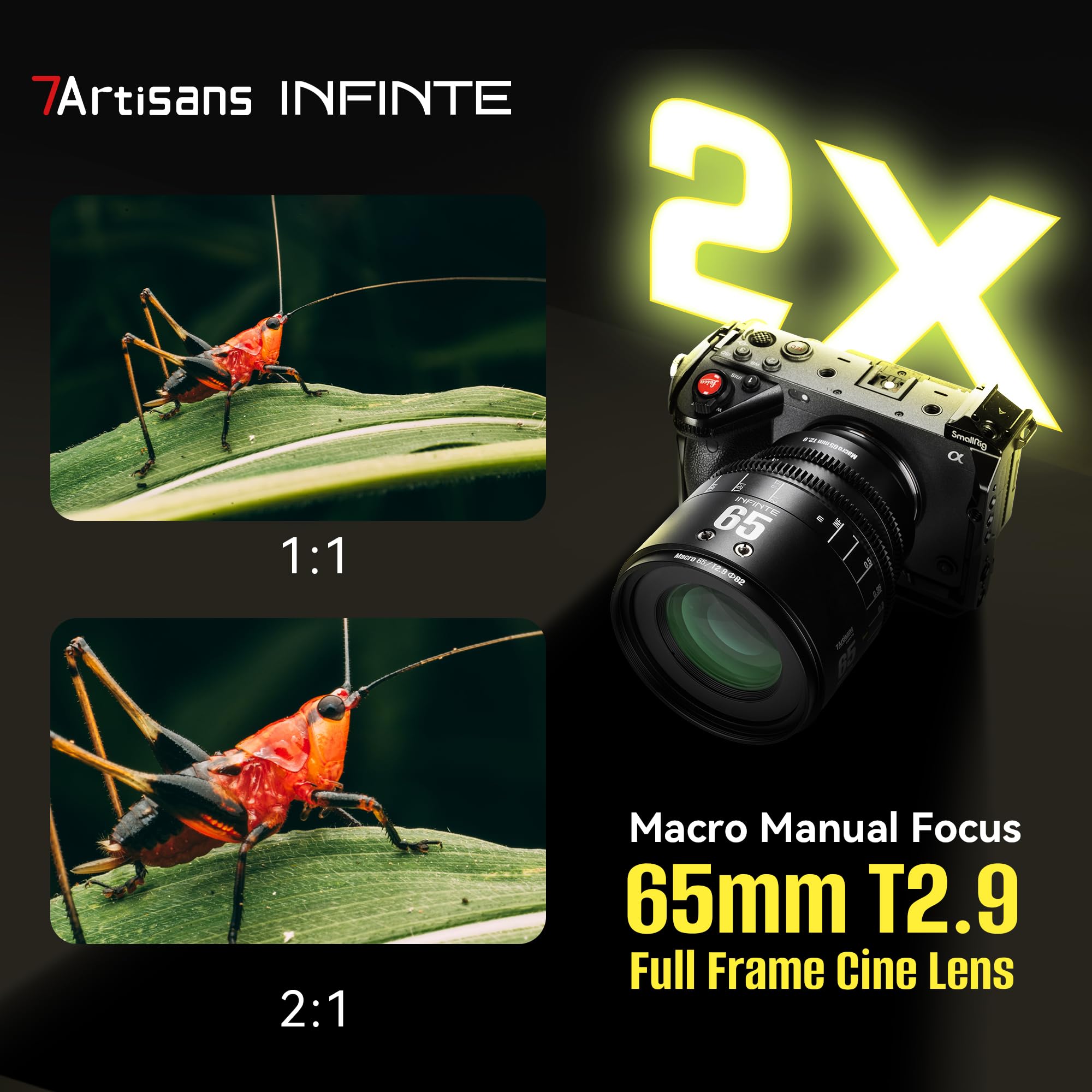 Objectif cinéma Plein Format 7artisans MF65mm T2.9 Macro 2X Infinte Series, Grande Ouverture Compatible avec Les appareils Photo Hybrides Canon EOS-R à Monture R1,R3,R5,R52,R6,R62,R8,R,RP,R7,R10,R50