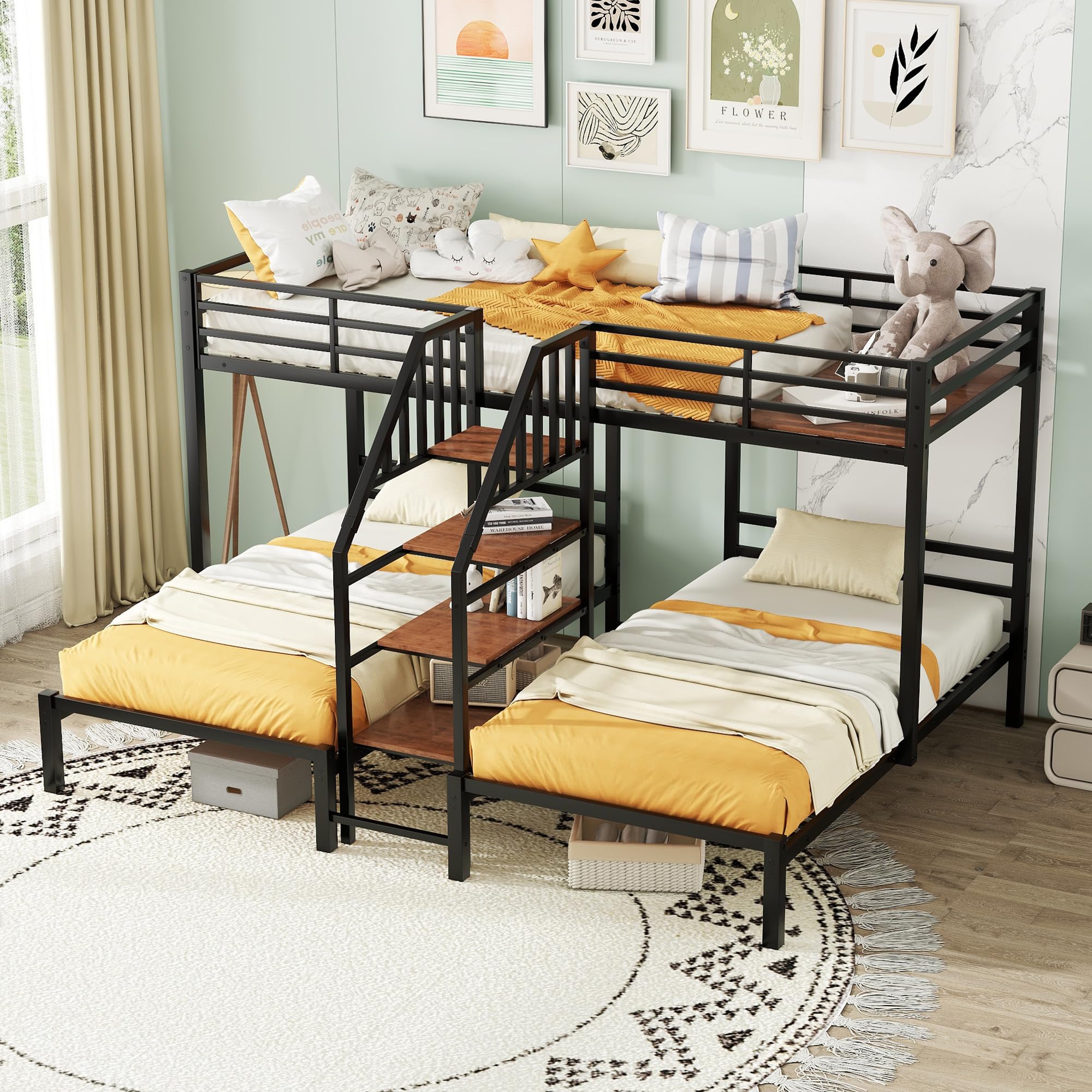 Bellemave Triple Bunk Bed for 3 Kids,Twin Over Twin Over Twin Triple Bunk Bed with Stairs,3 Bunk Beds for Kids,Heavy Duty Bunk Beds with Storage, Black