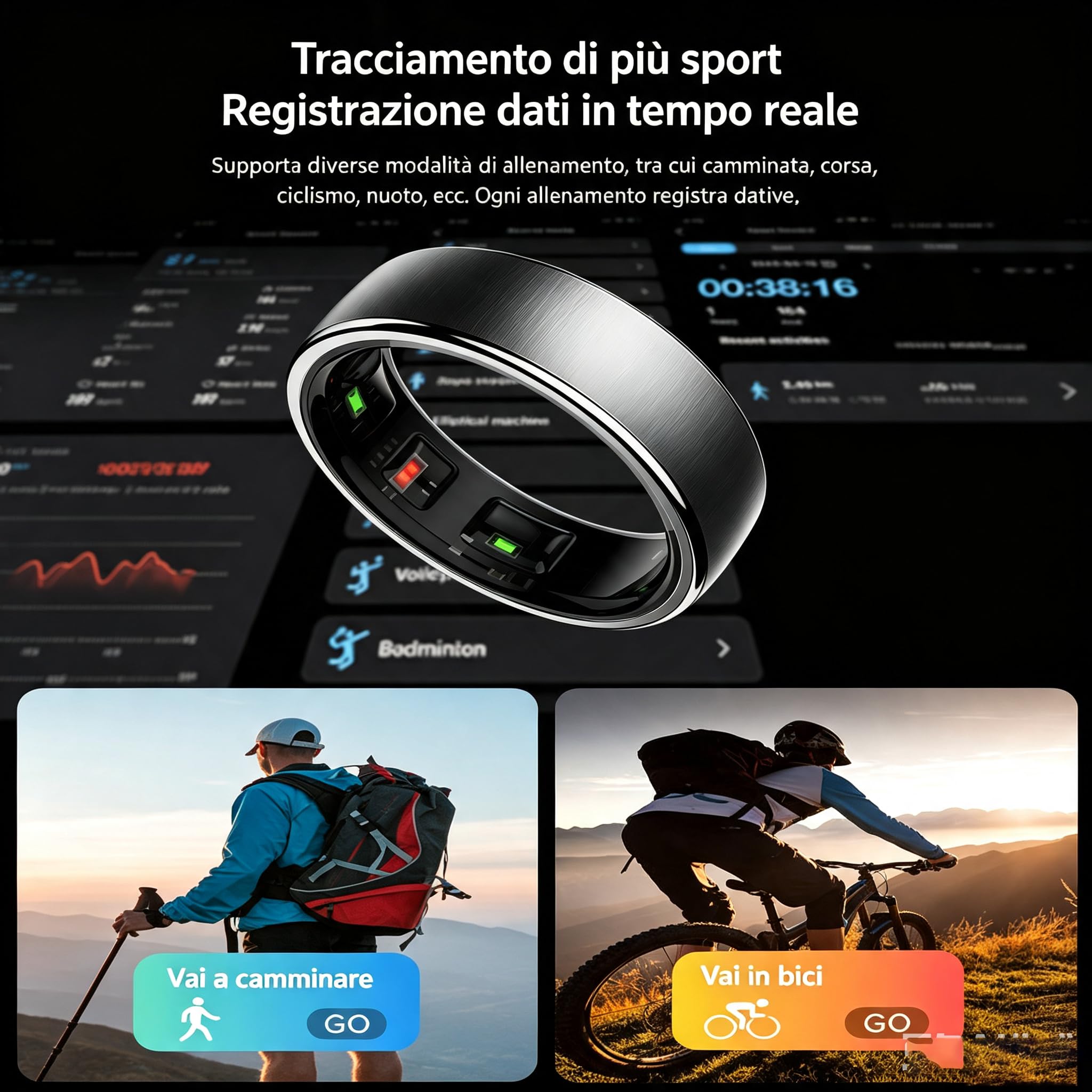 MEIION Anello Smart Volovivo con Carica Wireless - Per Uomini e Donne | Per Uomini e Donne, Monitoraggio Sonno, Battito Cardiaco,Temperatura, Contapassi, Modalità Sportive per Uso Quotidiano