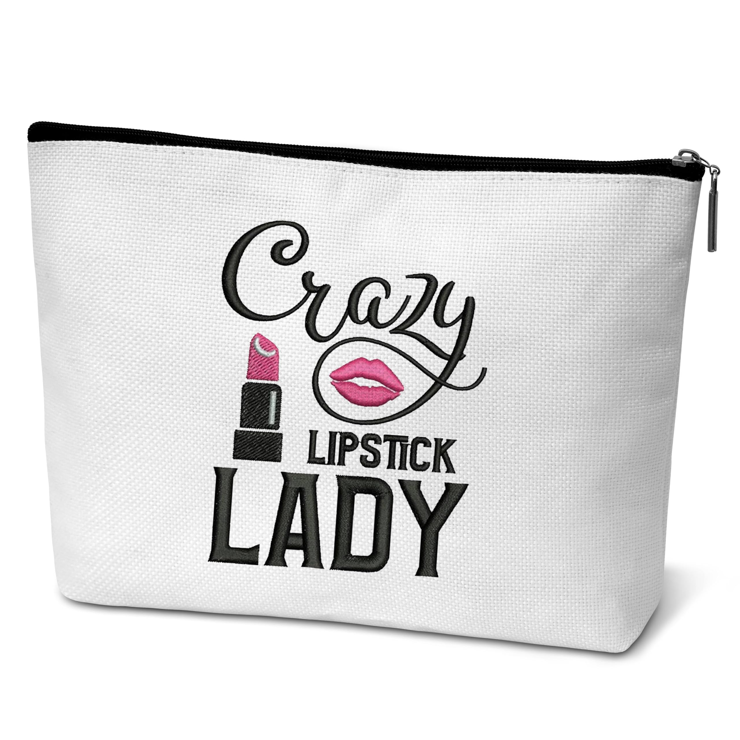 Crazy Lipstick Lady Makeup Bag, Fake Embroidery Pink Lips and Lipstick Cosmetic Bags, Inspirational Birthday Gift for Woman Mom Daughter-D21