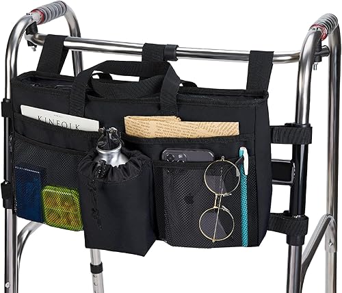 Cestas plegables para andador plegable con soporte para tazas, bolsa de almacenamiento para andadores, organizador de andadores manos libres para