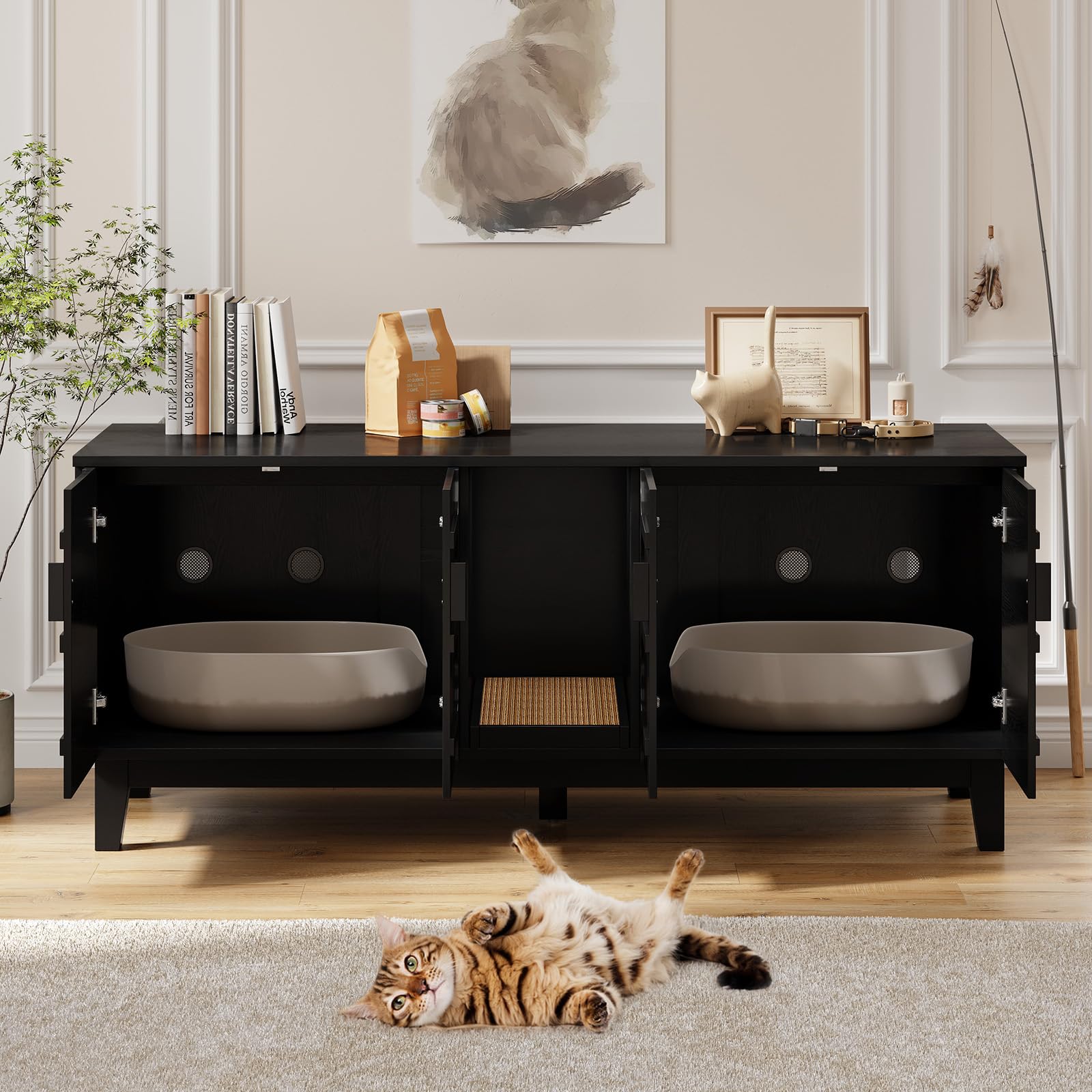 ONBRILL 59 Inches Cat Litter Box Enclosure for 2 Cats, Hidden Litter Boxes Furniture w/Cat Scratch Pad, Modern Large Pet House with Double Room, Wooden TV Stand for Living Room, Black - image 7