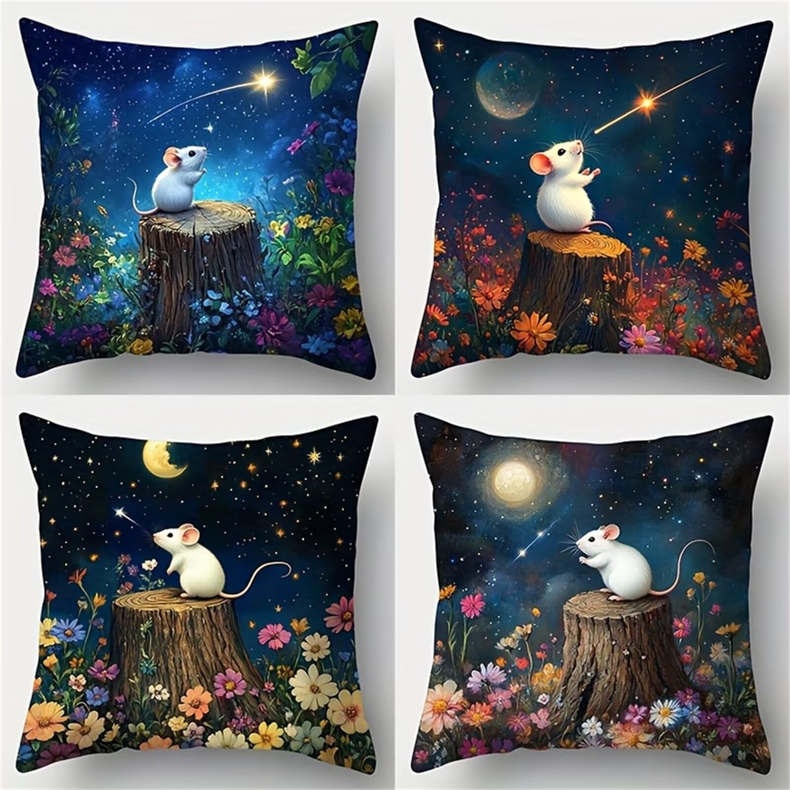 Fundas de Cojines 60x60 cm, Juego de 4 Fundas para Cojines Decorativas de Lino, Flores Animales Noche Estrellada, Fundas de Almohada para Sofá, Silla y Decoración de Interiores
