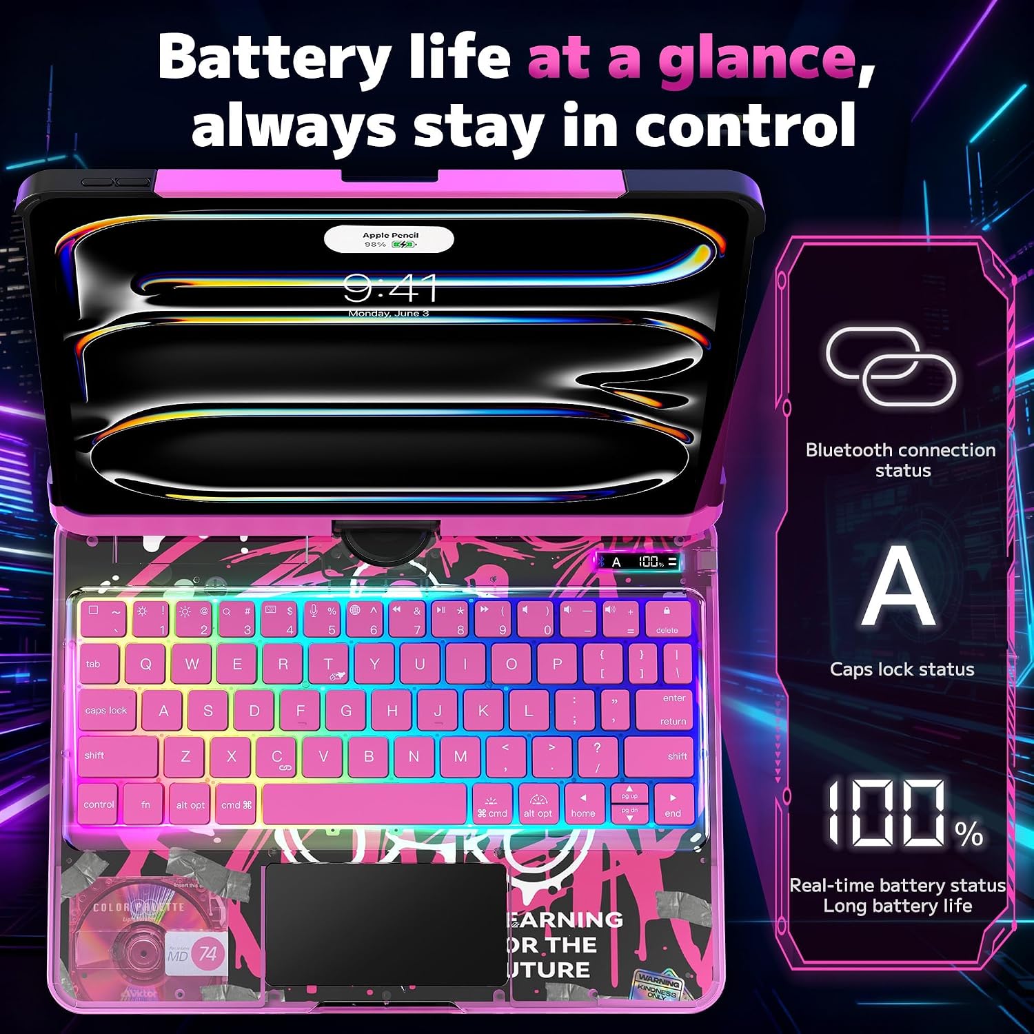 Clear Keyboard Case for iPad Pro 13 inch (M4/M5 2024/2025),360° Swivel Multi-Touch Trackpad, with Wireless Bluetooth 3-Brightness &7-Color Backlit, Pencil Holder and Keyboard Shortcuts Pink