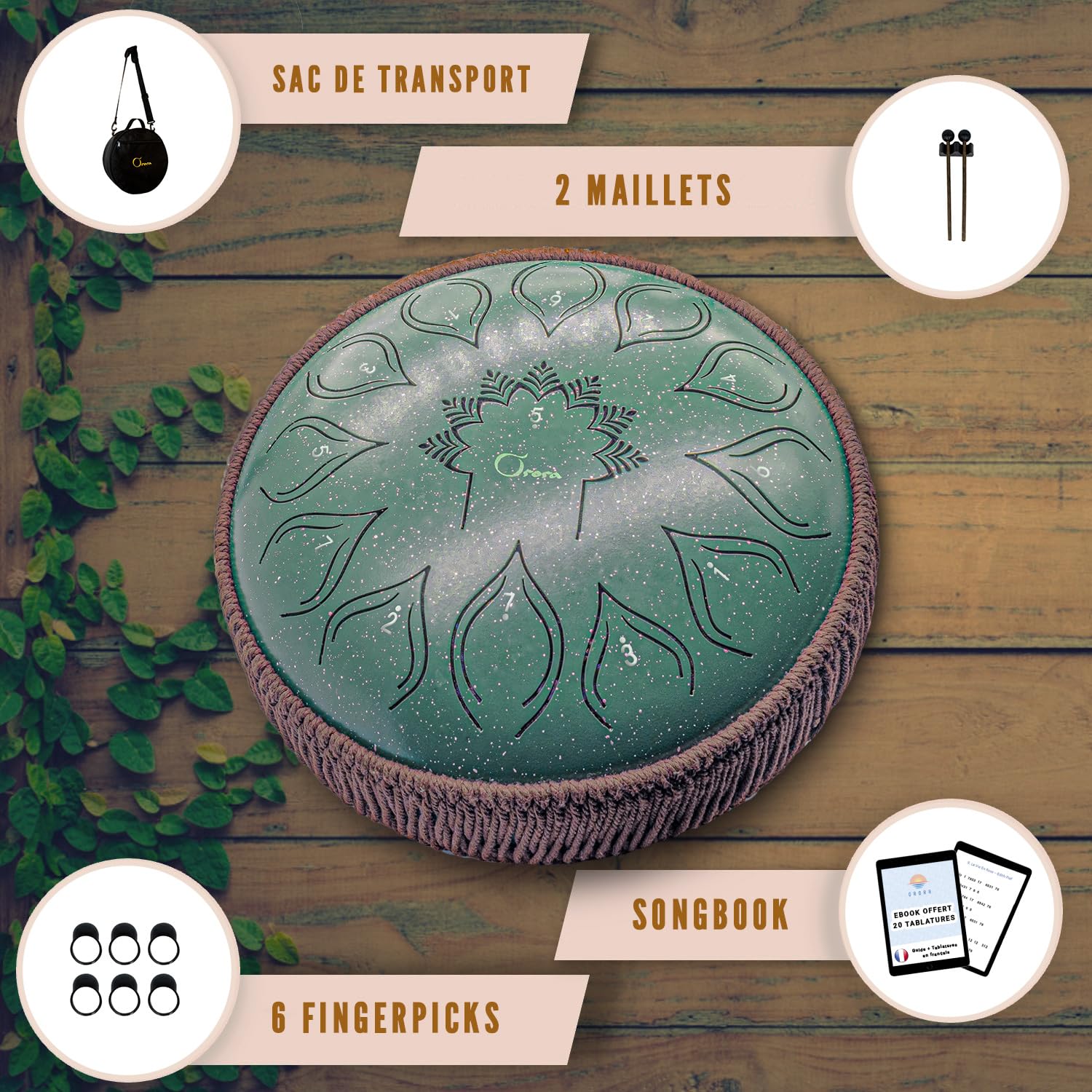 ORORA Handpan Steel Tongue drum (12 pouces 13 notes) - Instrument de musique enfant et adulte - Tambour zen et méditation - Ebook de 20 partitions offert - Cadeau original relaxation