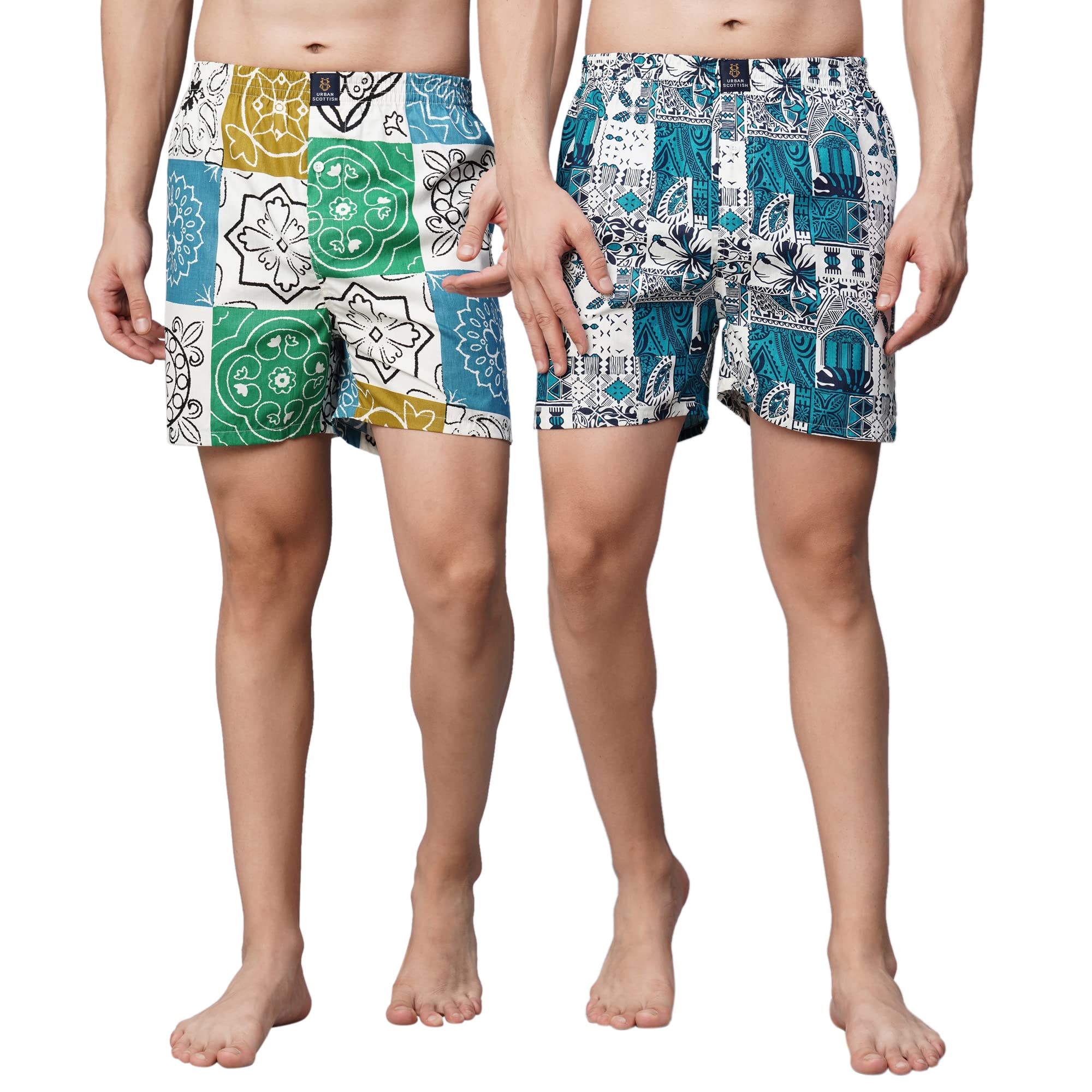 Urban Scottish Men's Multi-Color 100% Cotton Printed Regular Comfort Fit Boxer Shorts Pack of 2-USBX2418