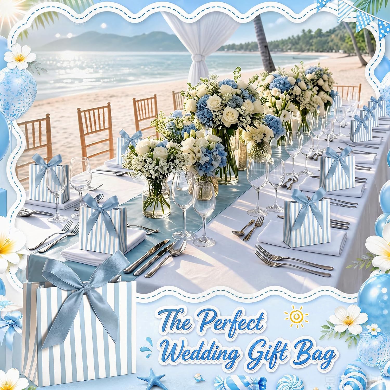 Kolldenn 30 Pcs Mini Blue White Striped Gift Bags, 4.5x1.8x3.9 Bridesmaid Paper Gift Bags with Ribbon for Wedding Candy Boxes Bridal Baby Shower Coastal Beach Bachelorette Theme Party Favor