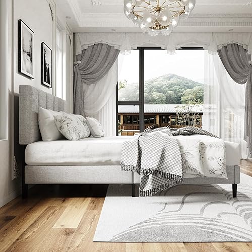 Miniatura 8 de Base de cama plataforma tamaño Queen con cabecero tapizado, soporte de listones de madera, sin ruido, no necesita somier, fácil montaje, gris claro,