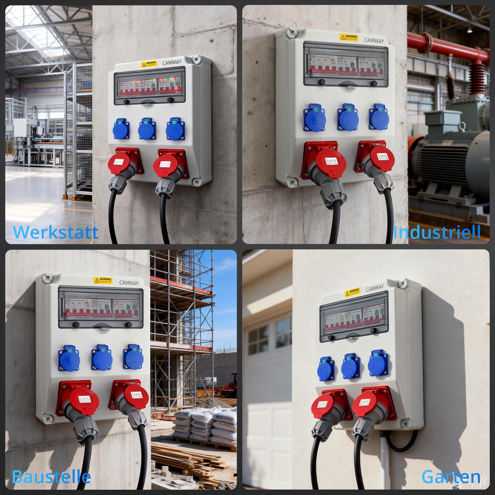 CAMWAY Baustromverteiler, Stromverteiler mit LS+FI, 3x 230V Schuko, 1x 16A/32A CEE- Steckdosen Professionelle Verdrahtung, IP66 Wasserdicht, Robuste ABS Verteiler für Innen & Außen Baustellen Garagen
