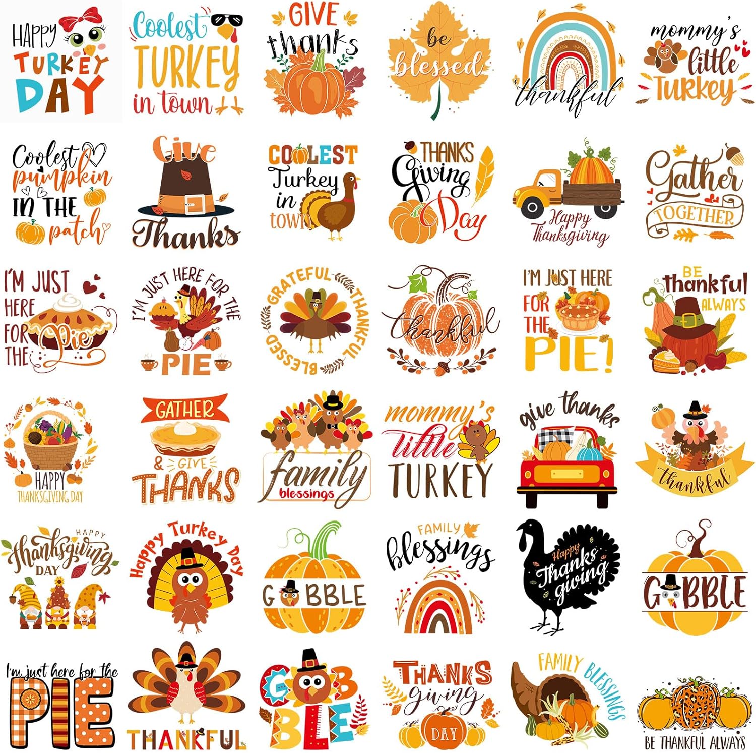 Gilprop 36 Sheets Thanksgiving DTF Transfers Ready to Press Thanksgiving Turkey Iron on Transfers Stickers Turkey Vinyl Iron on Decals for T Shirts Hoodie DIY Crafts