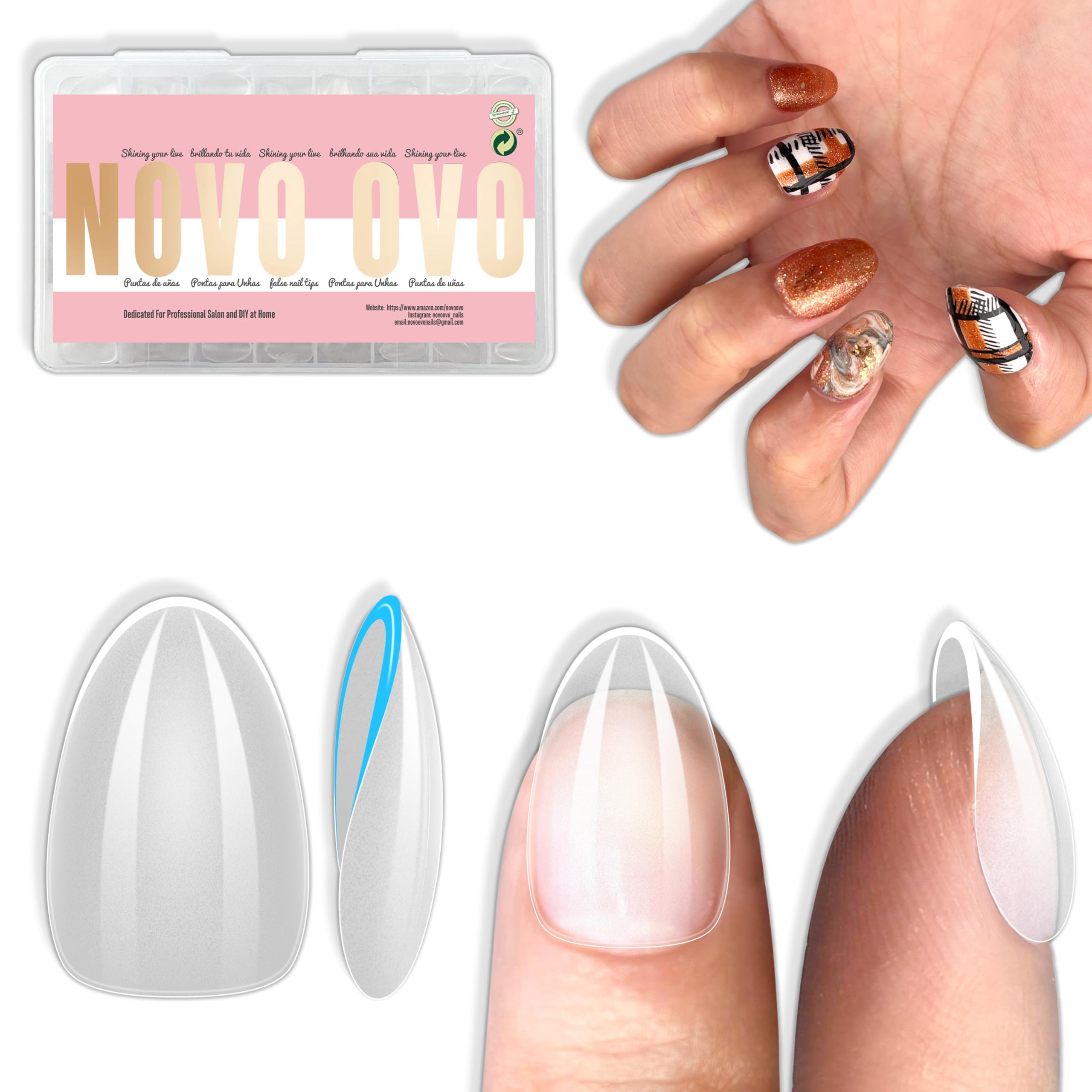 NOVO OVO Extra Short Almond Nail Tips,Thick Full Cover False Fake Nails エクストラショートアーモンドネイルチップ、厚手フルカバーフェイクネイル、ソフトジェルクリア表面マット内側、フレンチチップアクリルエクステンション、マニキュアサロンDIY用 x 16サイズ 224個 [並行輸入品]