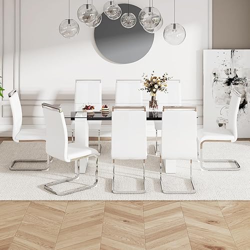 Miniatura 8 de FURNITO Juego de mesa de comedor de cristal para 8, juego de mesa de comedor moderno, mesa de comedor blanca de 71 pulgadas con 8 sillas de comedor