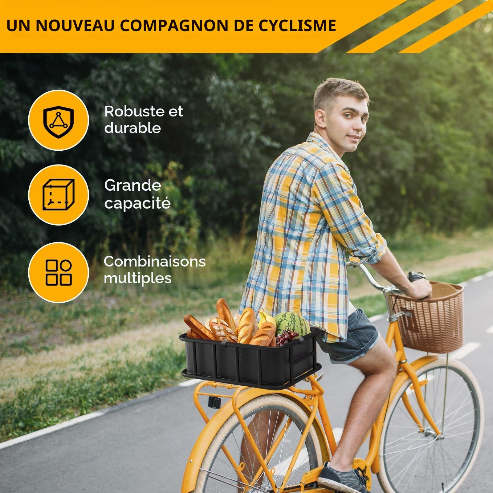Grand Panier Velo Arriere, Panier Métallique pour Vélo Arrière, avec Filet De Chargement et Doublure, Compatible avec La Plupart des Vélos et Vélos électriques, Noir
