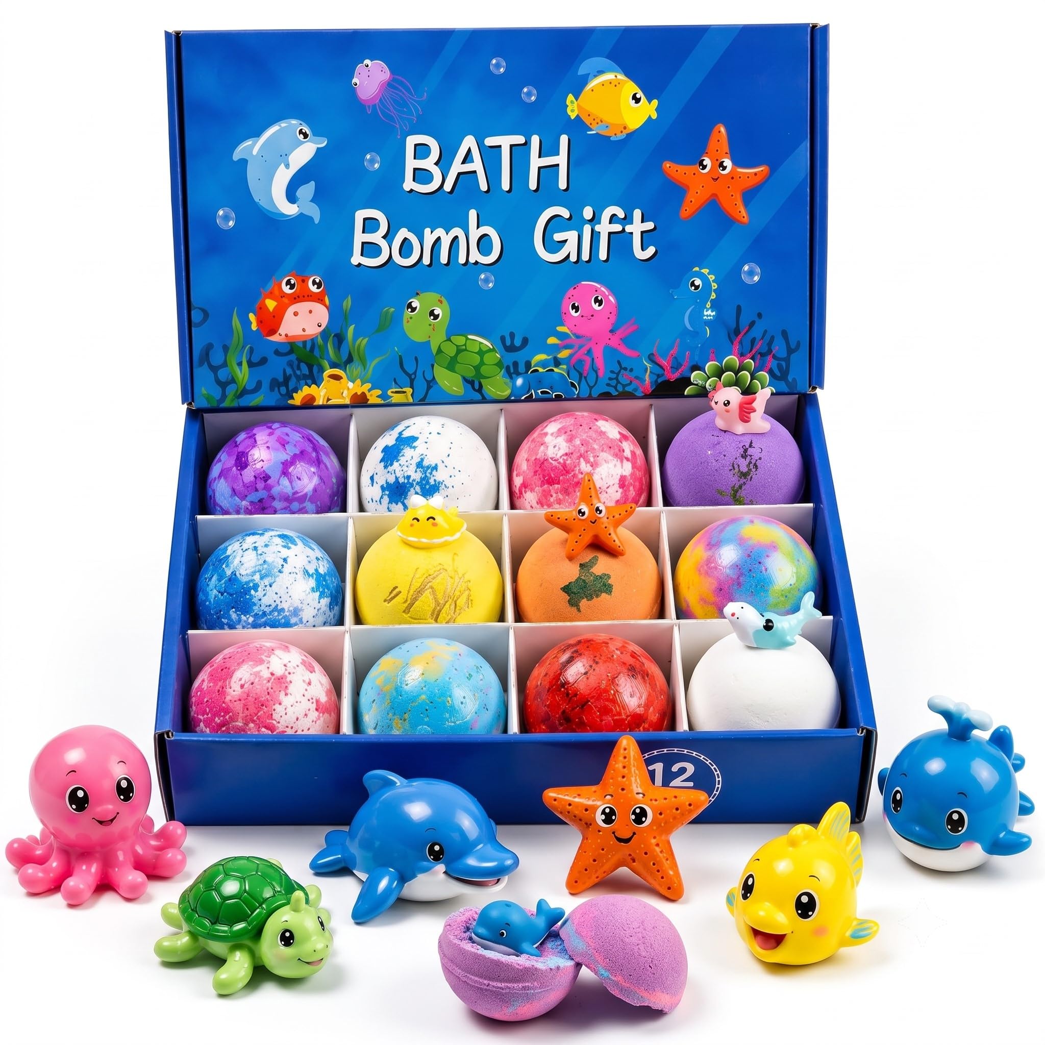 12Pcs Bath Bombs for Kids Gift Set, Ocean Theme Fizzy Bath Bomb with Surprise Colors & Hidden Toy Reveal, Moisturizing Fizzers for Boys & Girls, Fun Bath Time with Heavy Froth & Bubbles for Soft Skin-image-25