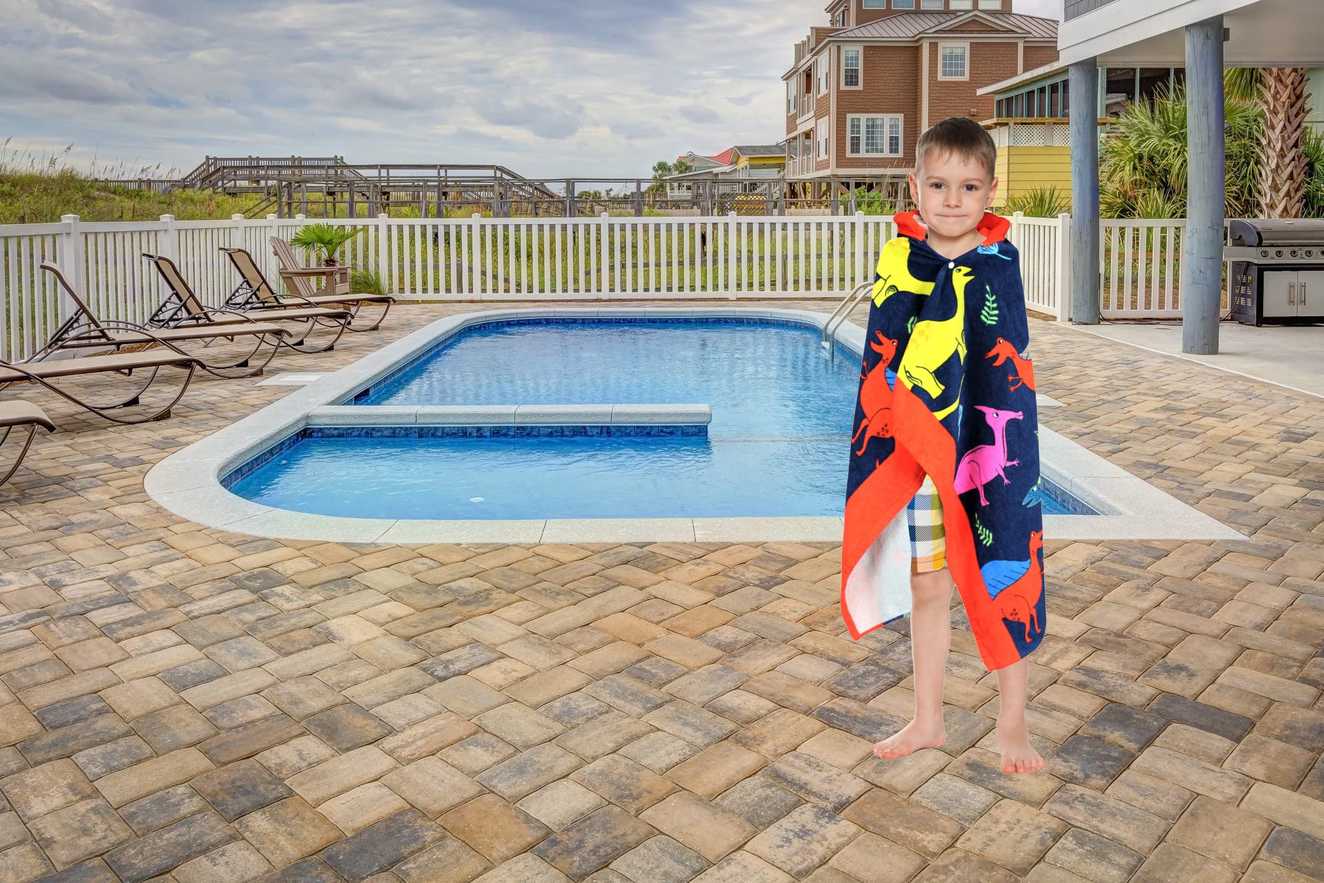 Toalla de playa con capucha para niños, diseño de dinosaurio, tamaño grande de 50 x 30 pulgadas, algodón suave absorbente con capucha para niños, niñas, envoltura/albornoz para