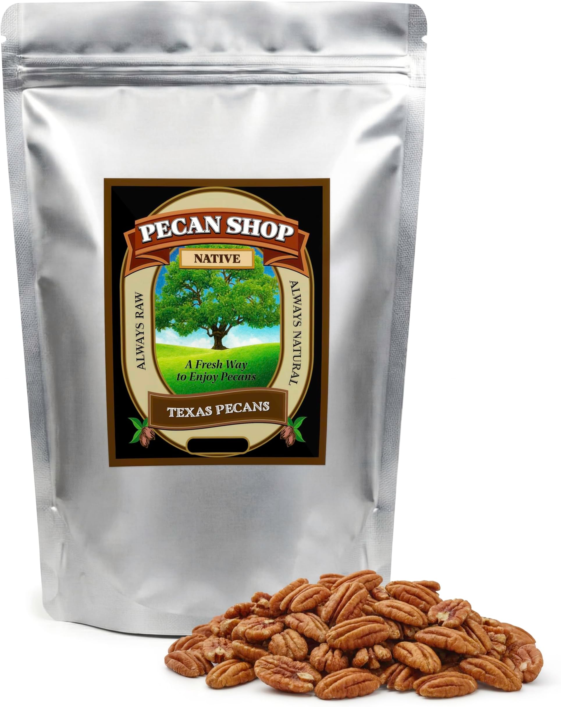 Raw Unpasteurized Shelled Texas Native Pecans, Wild-Harvested and Tested Pesticide-Free Pecan Halves in Oxygen-Barrier Bag for Peak Freshness - 12 Oz