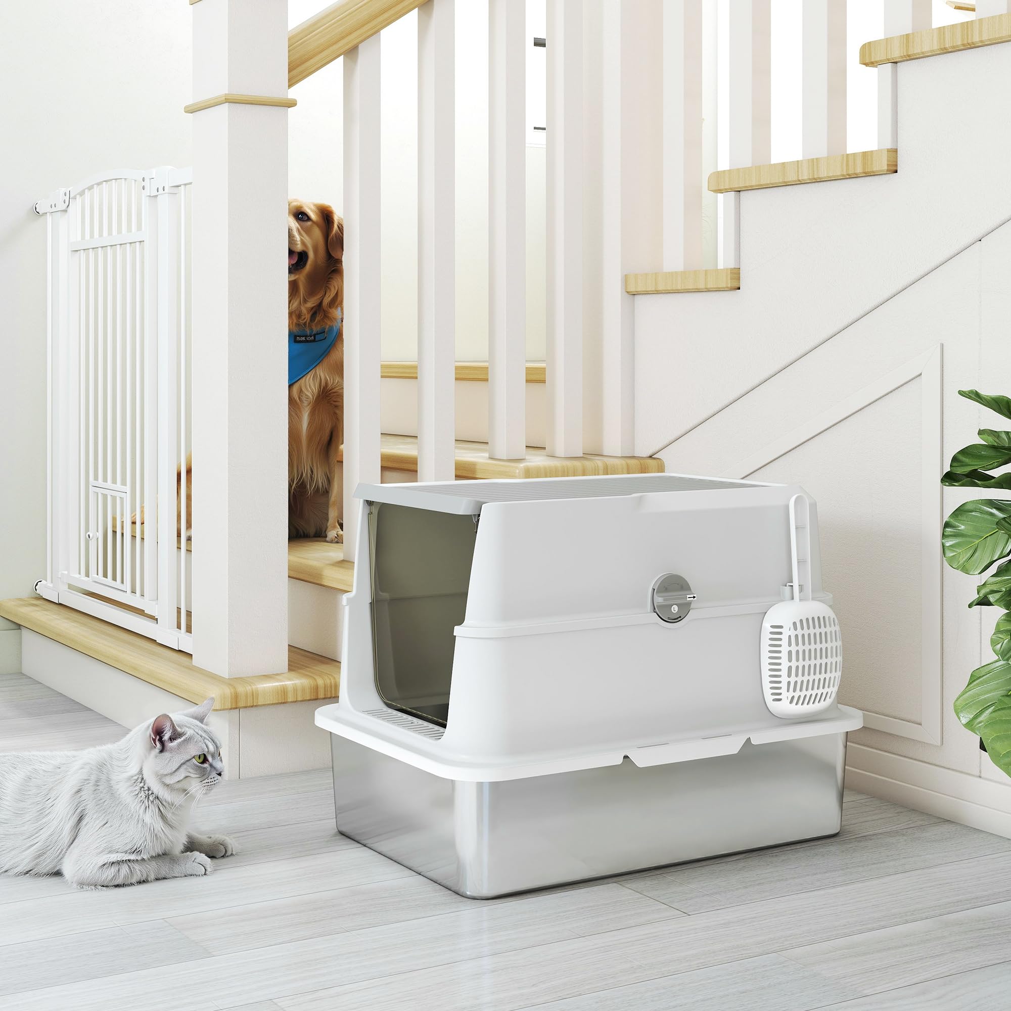 PawHut Lettiera per Gatti XL in Acciaio Inox con Coperchio Grigio Chiaro | Lettiera Chiusa, per Gatti Grandi, con Paletta, Coperchio Ribaltabile, Deodorante