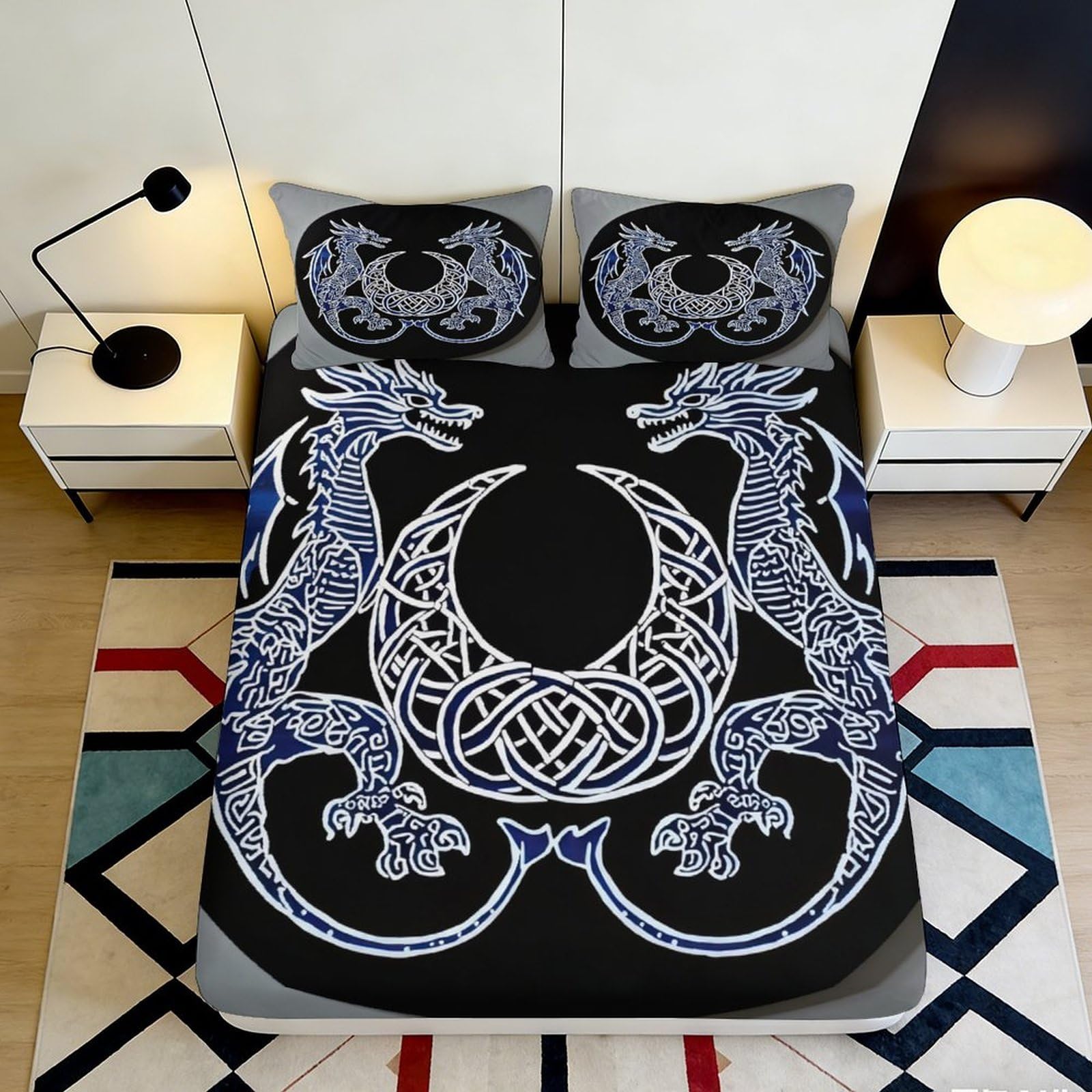Jqzkxnhpbr Style-2 3D Printed Nordic Dragon Fitted Sheet Microfiber Soft Black Celtic Knot Mattress Cover For Bedroom Guest Room Decor 90X200x25cm