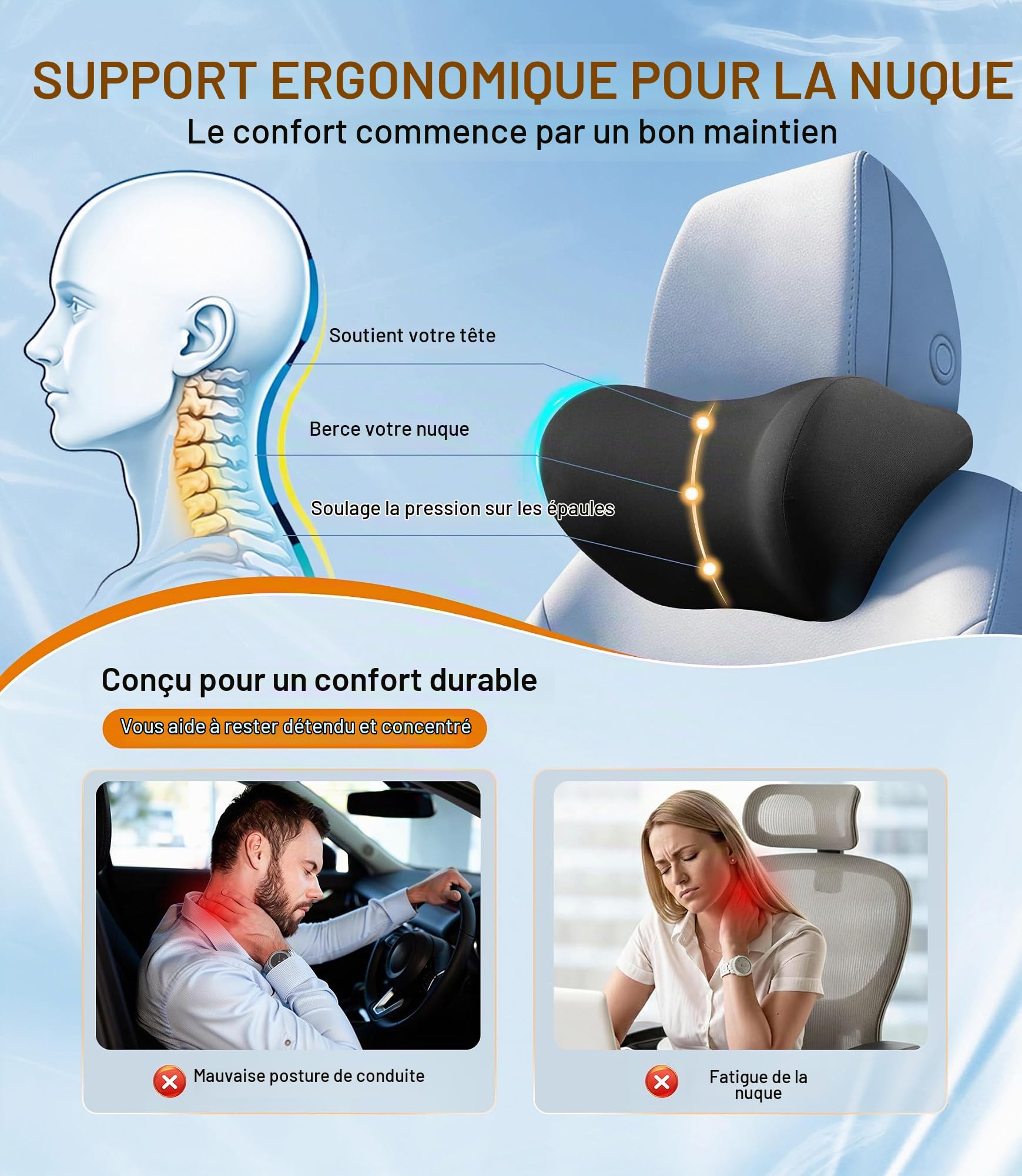 Lot de 2 coussins de nuque pour voiture : oreiller ergonomique en mousse à mémoire de forme pour appuie-tête de voiture, coussin de soutien du cou pour les longs trajets, coussin de soutien pour