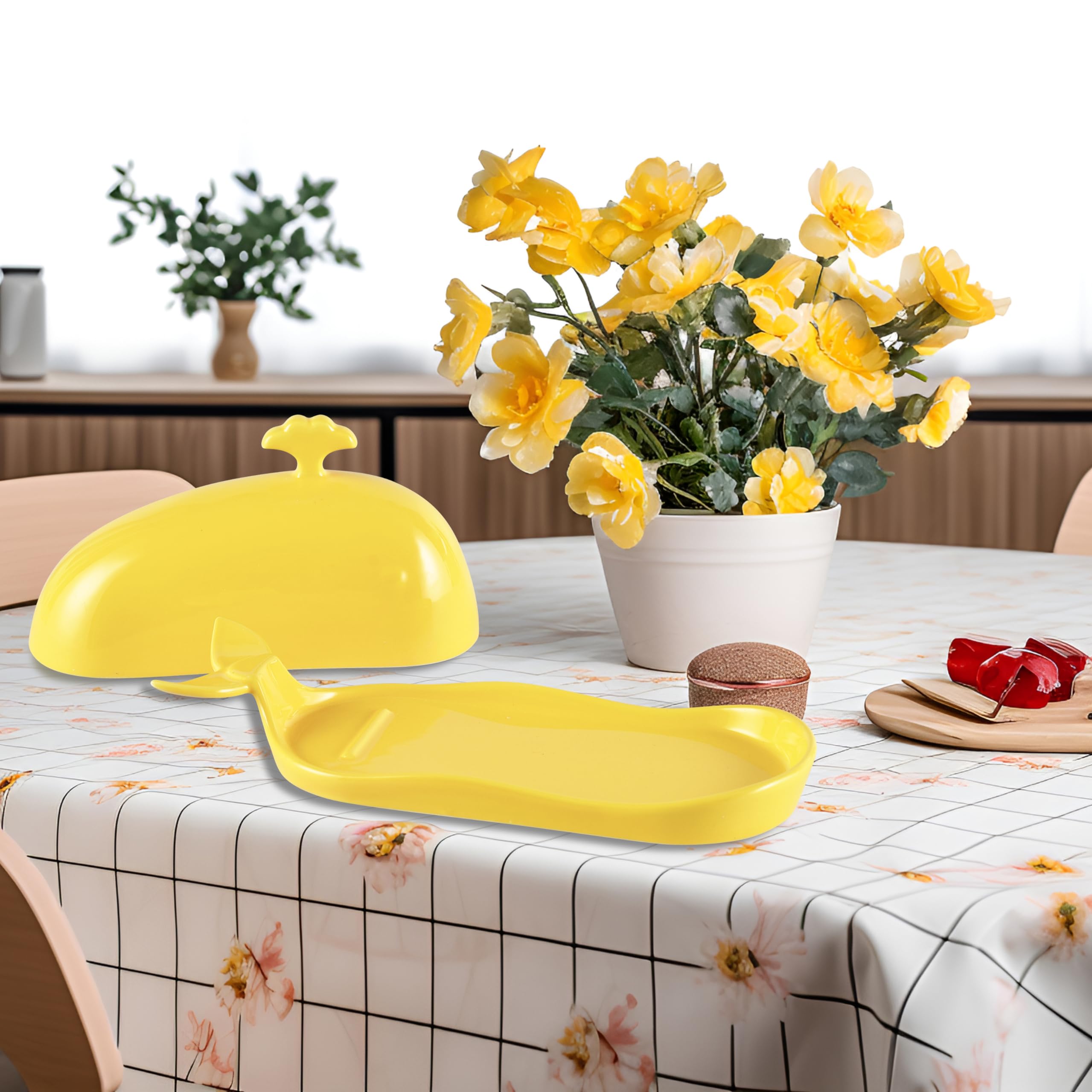 Mantequera de ballena con tapa, bonito plato de mantequilla de cerámica con asa para encimera, divertido soporte de mantequilla para decoración de cocina, regalo ideal para inauguración de la casa