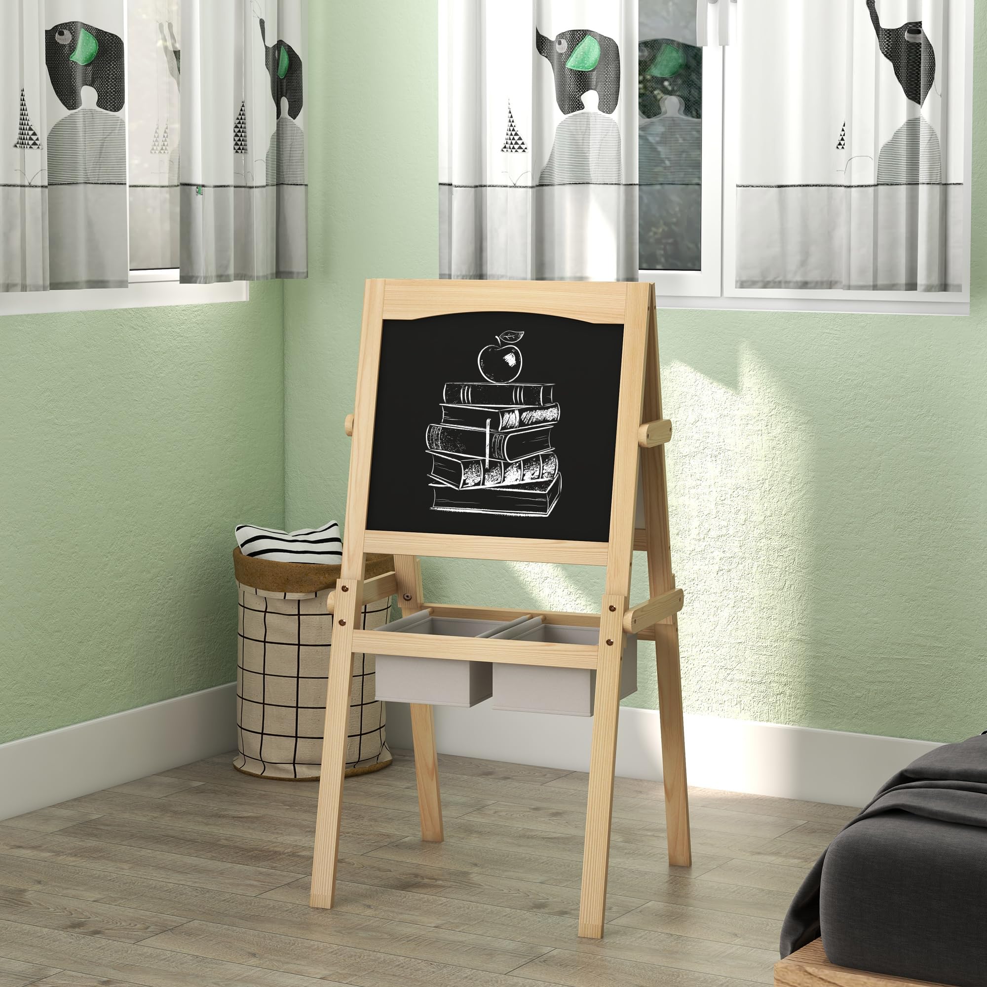 AIYAPLAY Caballete para Niños 3 en 1 de Madera Pizarra Caballete de Doble Cara y Pizarra Blanca para Dibujo con Rollo de Papel y dos Cestas 58x50,5x109 cm Natural