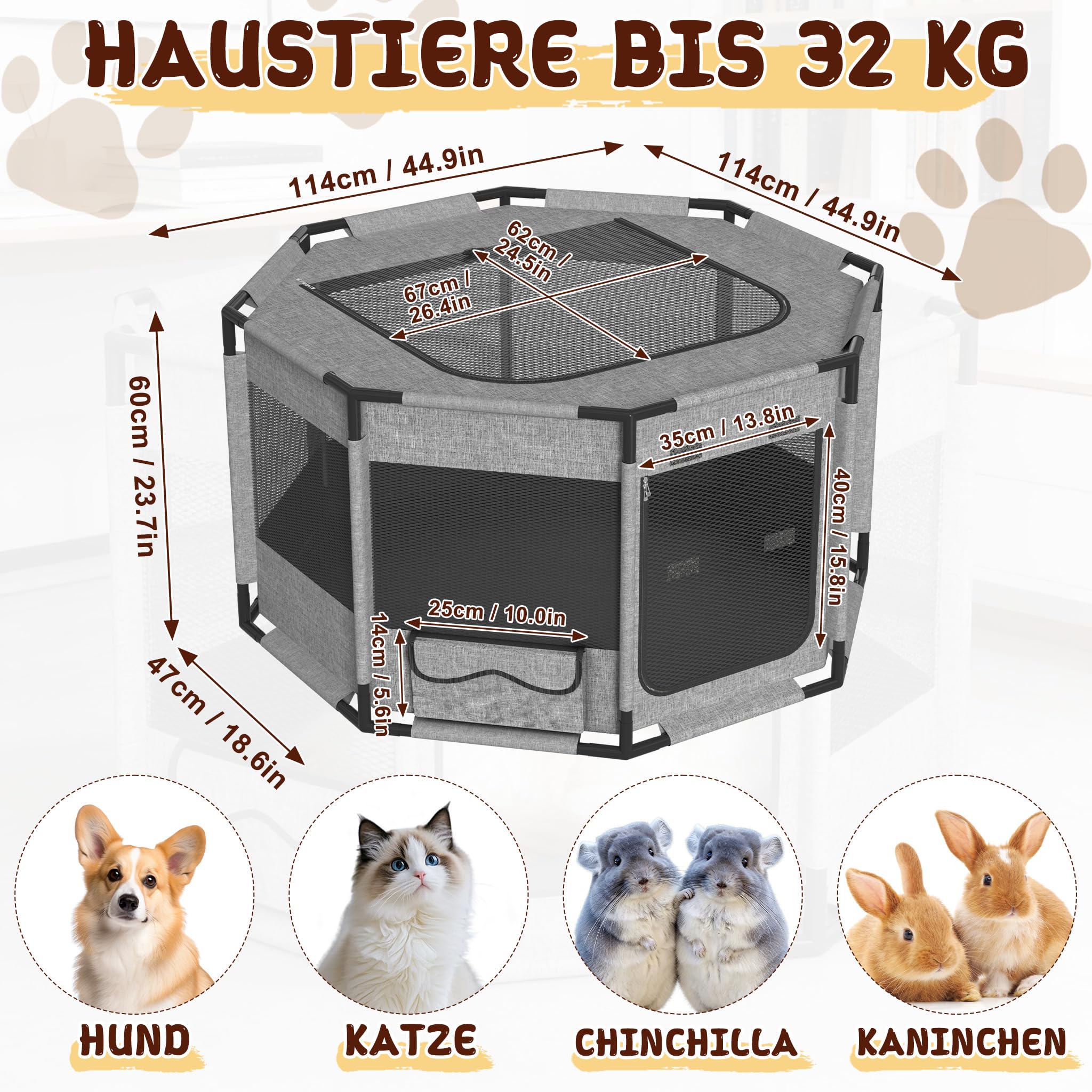 Froadp Jaula móvil para cachorros de tela Oxford 600D con marco de PVC, parque plegable para perros y gatos, con puerta con cremallera y apertura superior, gris, octogonal L