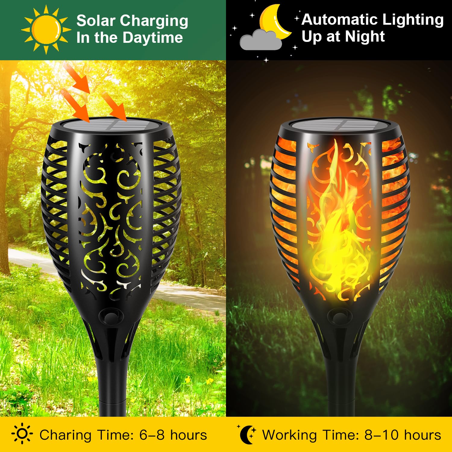 Verbesserte größere Solarleuchten für den Außenbereich – 6 Stück 51 LED-Solar-Fackeln mit flackernder Flamme für Gartendekoration, Höhere 58,4 cm Hofbeleuchtung, wasserdichte Tiki-Fackeln