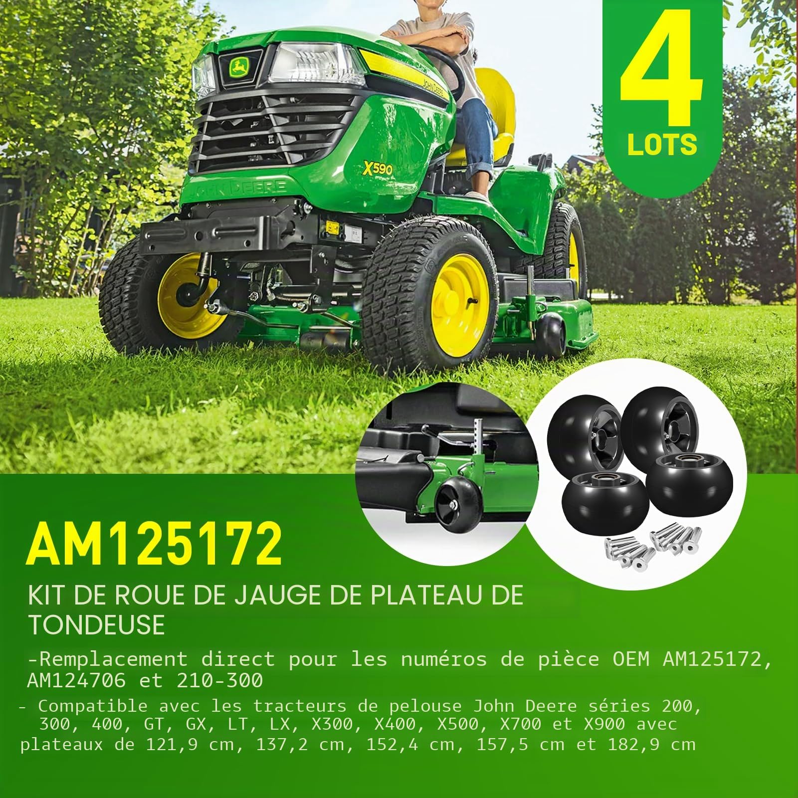 AM125172 Lot de 4 jauges de roue pour tondeuse John Deere 121,9 cm, 137,2 cm, 152,4 cm, 157,5 cm, 182,9 cm, remplace également AM124706 210-300 (noir)