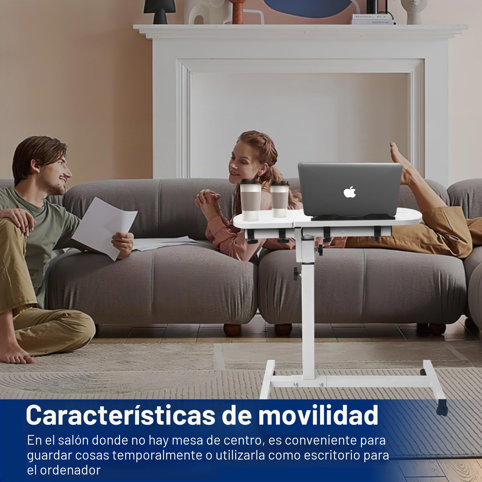 Mesa auxiliar móvil, mesa auxiliar de cuidado ajustable para cama con 4 ruedas, 60 x 40 cm, mesa giratoria para salón, dormitorio, oficina, cama, sofá, máx. 20 kg, color blanco