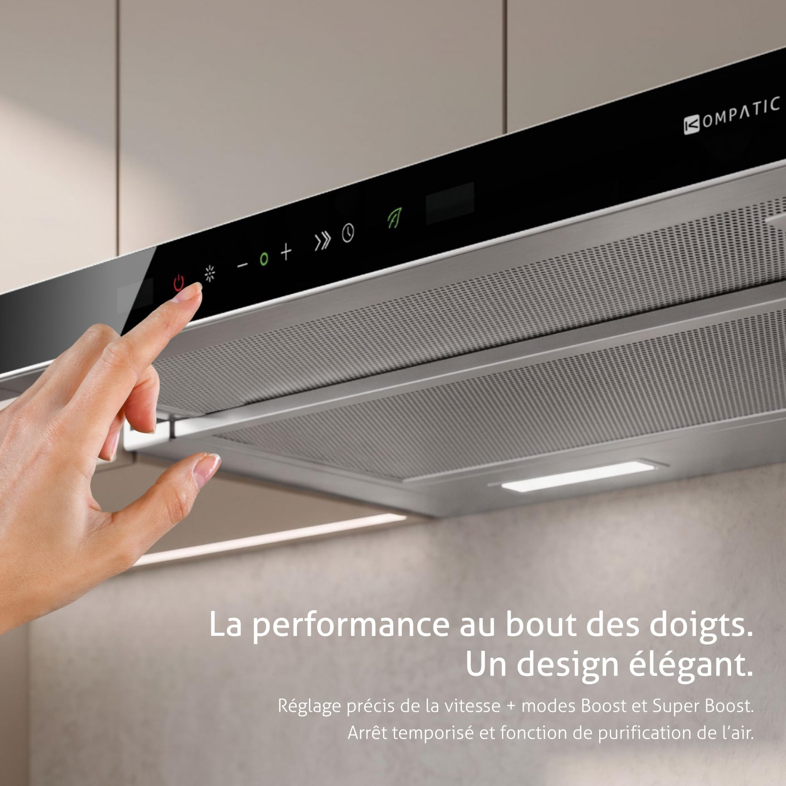 Hotte Télescopique Encastrable Kompatic Novia 60 KNA60TS, Moteur Brushless 800 m³/h, Commande Gestuelle et Tactile, Classe A+++, 3 Vitesses + 2 Boosts, LED, Minuterie, Inox