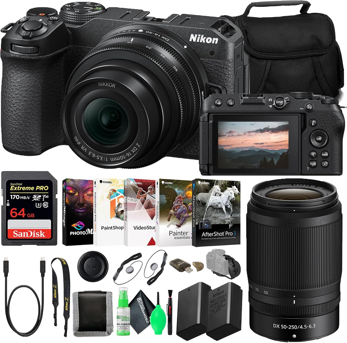 Nikon Z30 Mirrorless Digital Camera with 16-50mm and 50-250mm Lenses (1743) Bundle with 64GB Extreme PRO Card + EN-EL25 Extra Battery + Corel Photo Software + Camera Bag + Cleaning Kit + More | For Photography & Video | Corel Photo Software | 64GB Extreme PRO Memory Card + More