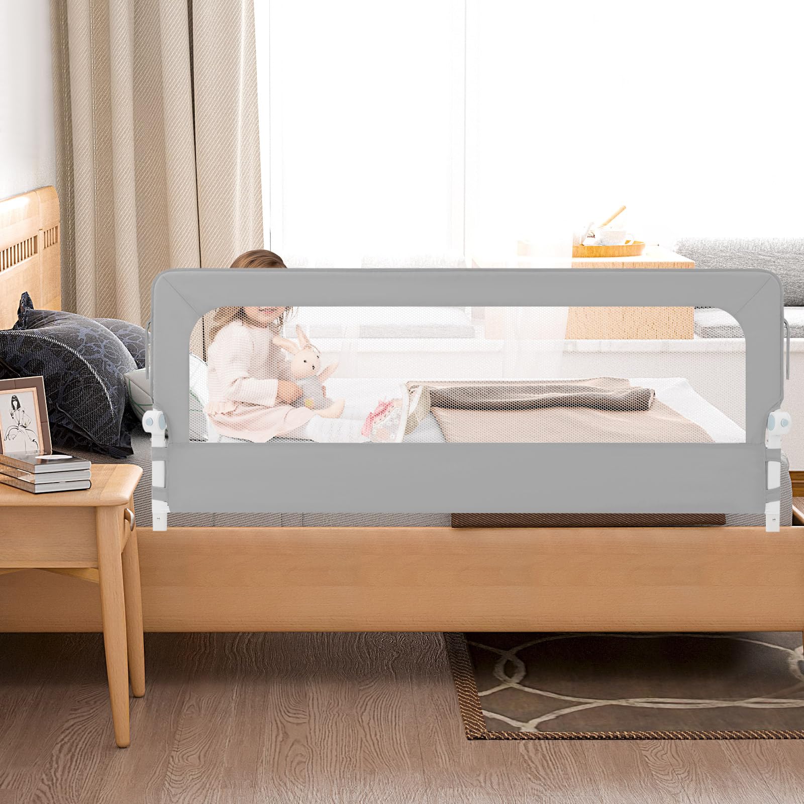 Griglia per lettino, regolabile, pieghevole, alta protezione dalle cadute per bambini, con rete traspirante, 150 x 60 cm, colore grigio