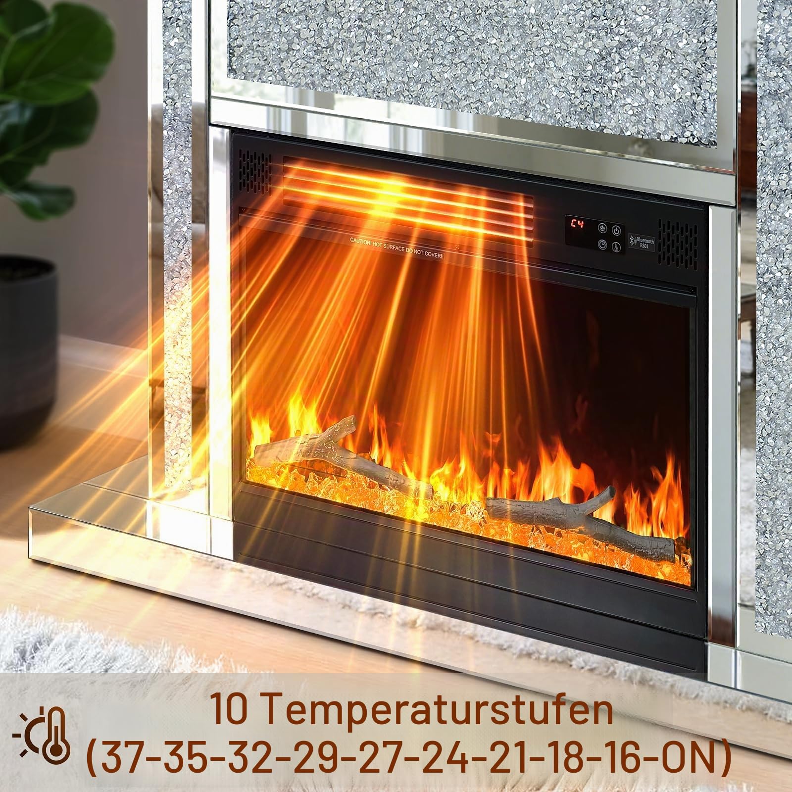 Verspiegelter Elektrokamin mit gebrochenem Diamant, Kaminaufsatz & Bluetooth-Lautsprecher, 7 Farben 3D-Flammeneffekt, Fernbedienung, silberner freistehender Kamin für Wohnzimmer, Schlafzimmer & Ecke