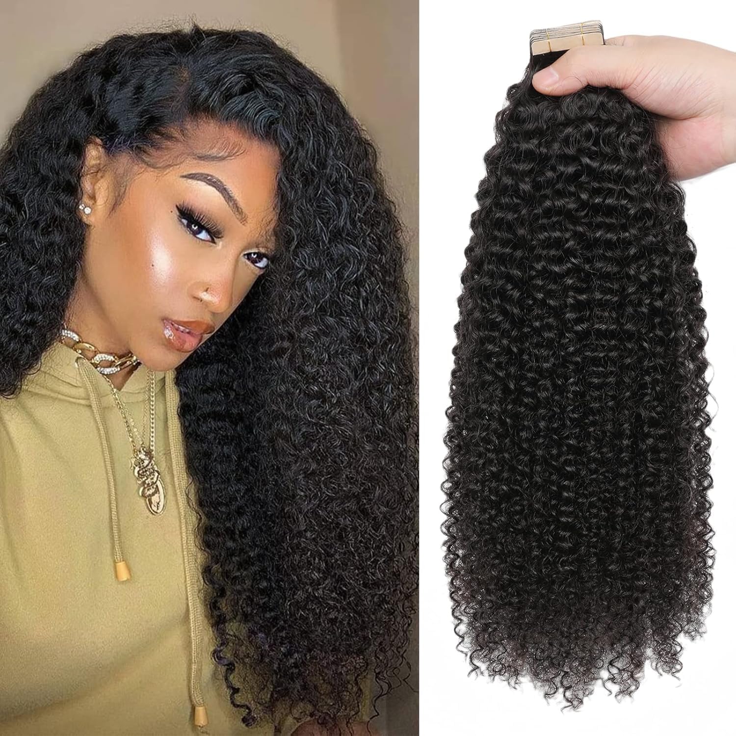 40Pcs Kinky Curly Tape in Hair Extensions for Black Women, 24 Inch, 100g, Natural Black Color