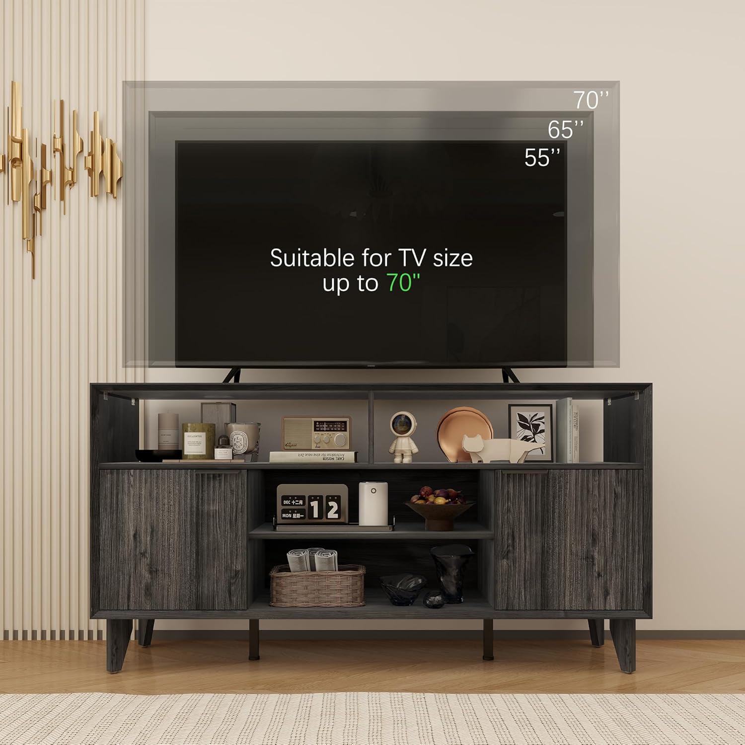Fluted TV Stand for 70 inch，Entertainment Center with Storage Cabinets, Modern TV Console with Open Adjustable Shelves, TV Stand for Living Room Bedroom, Black&Grey