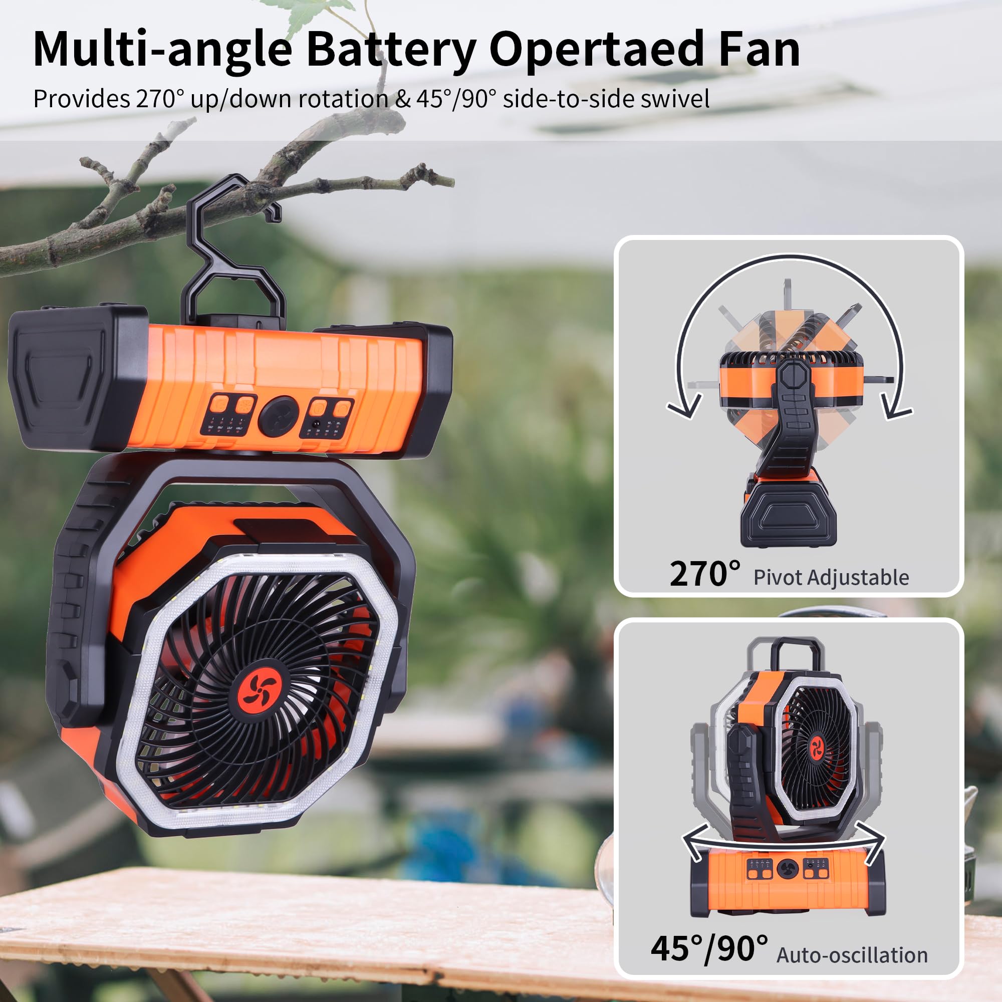 Ventilatore da campeggio ricaricabile da 20000 mAh con lanterna a LED, ventilatore oscillante portatile a 270°, 3 velocità, luce LED a 3 livelli, arancione, 22,3 x 11,4 x 28,4 cm