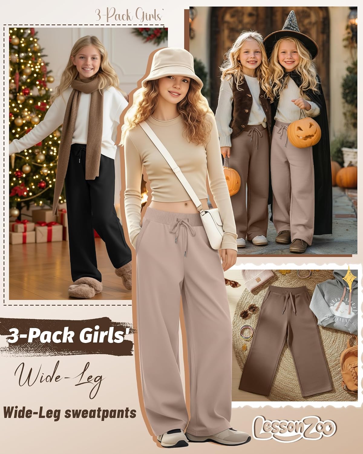 3 Pack Girls Sweatpants Straight Leg Ribbed Waist Active Joggers Teens Athletic Pants with Drawstring and Pockets - Image 3