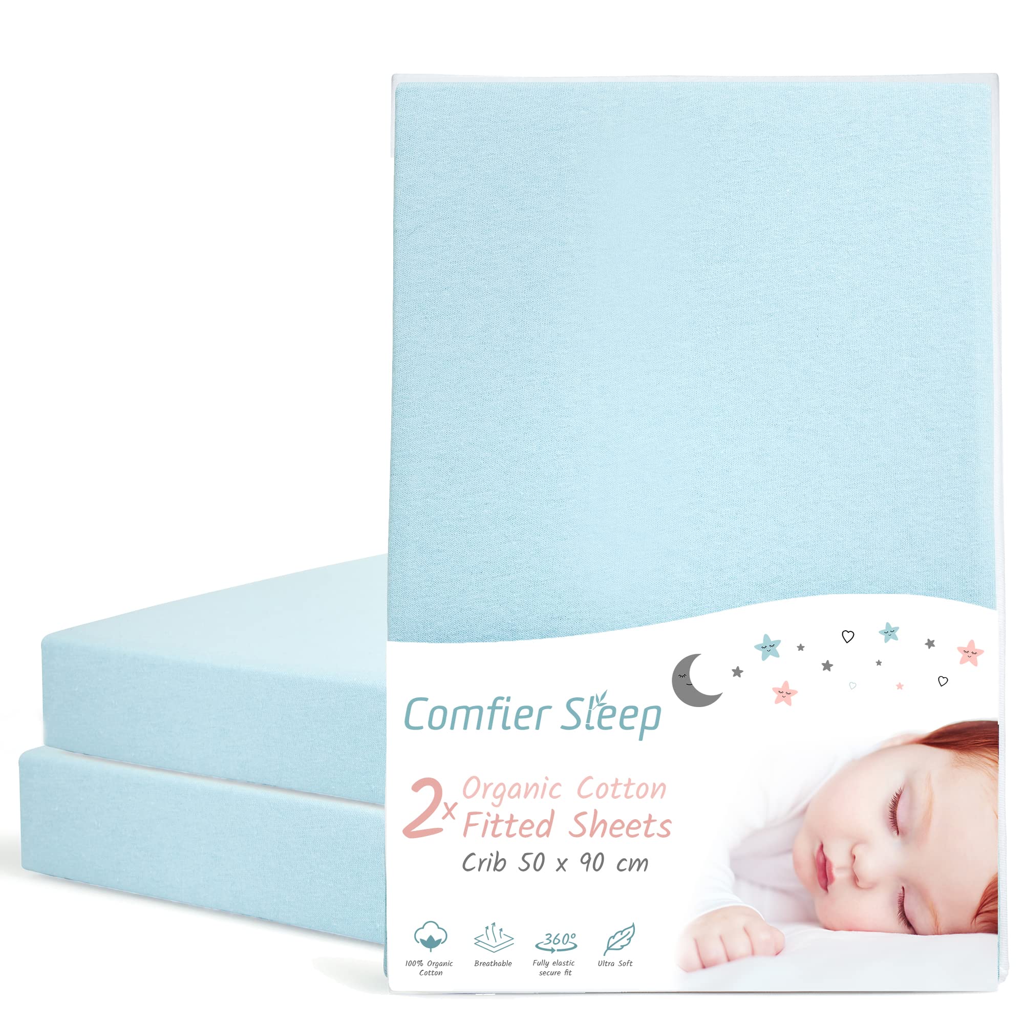 Crib Sheets 50x90cm - Organic Cotton 2 Pack Blue Cozee Bedside Crib Fitted Sheets - Soft Cot Sheets for Breathable Comfort