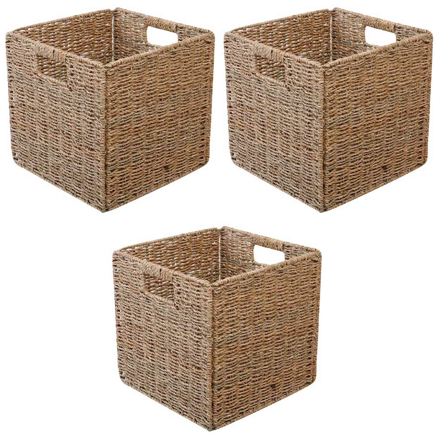 Hndhbfgrt 3X Woven Seagrass Farmhouse Kitchen Storage Organizer Basket Bin with Handles for Cabinets,Pantry,Bathroom,Laundry Room