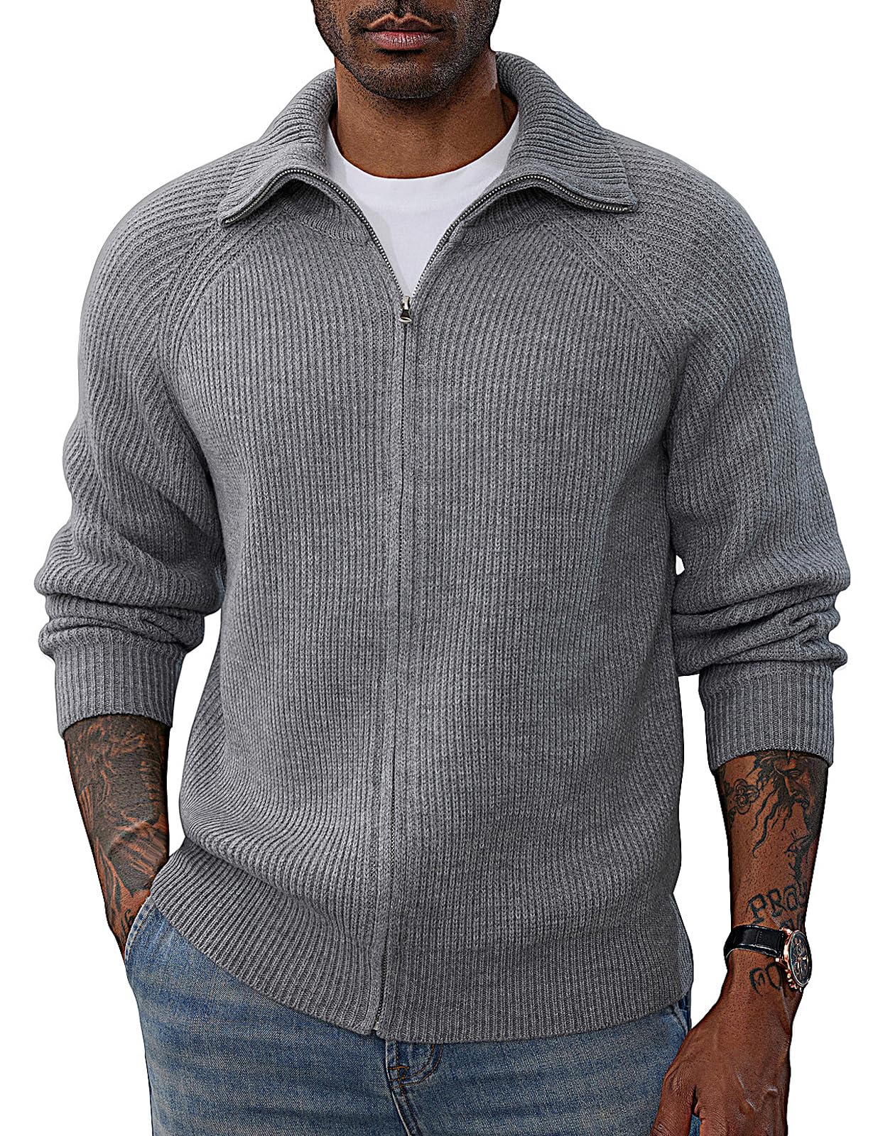 PJ PAUL JONESMen's Full Zip Cardigan Sweaters Unisex Relax Fit Lapel Collar Raglan Sleeve Casual Ribbed Sweater