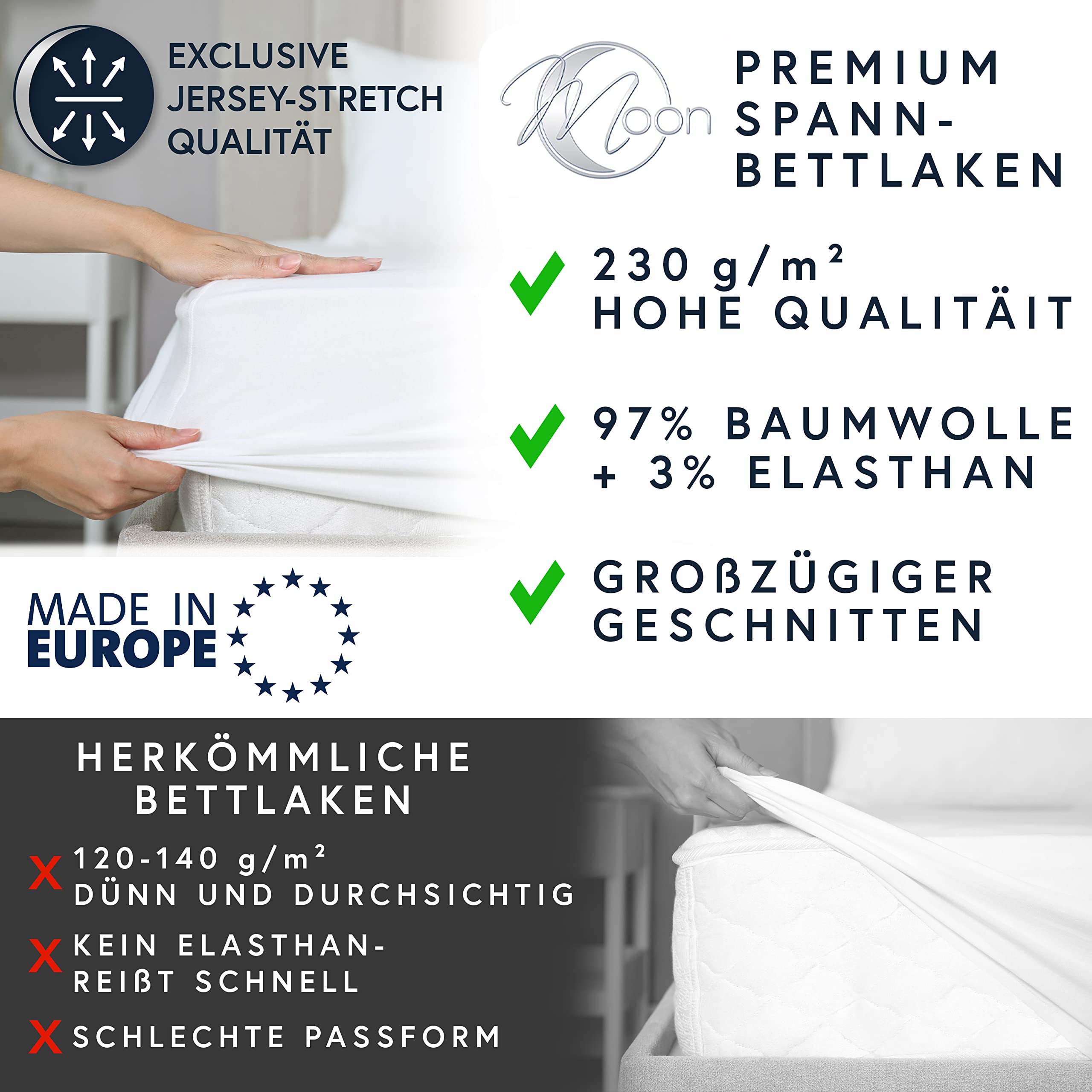 MOON-Luxury Spannbettlaken Spannbetttuch Jersey Stretch 230g/m² für Wasserbetten, Boxspringbetten und herkömmliche Matratzen (weiß, 180x200-200x220)