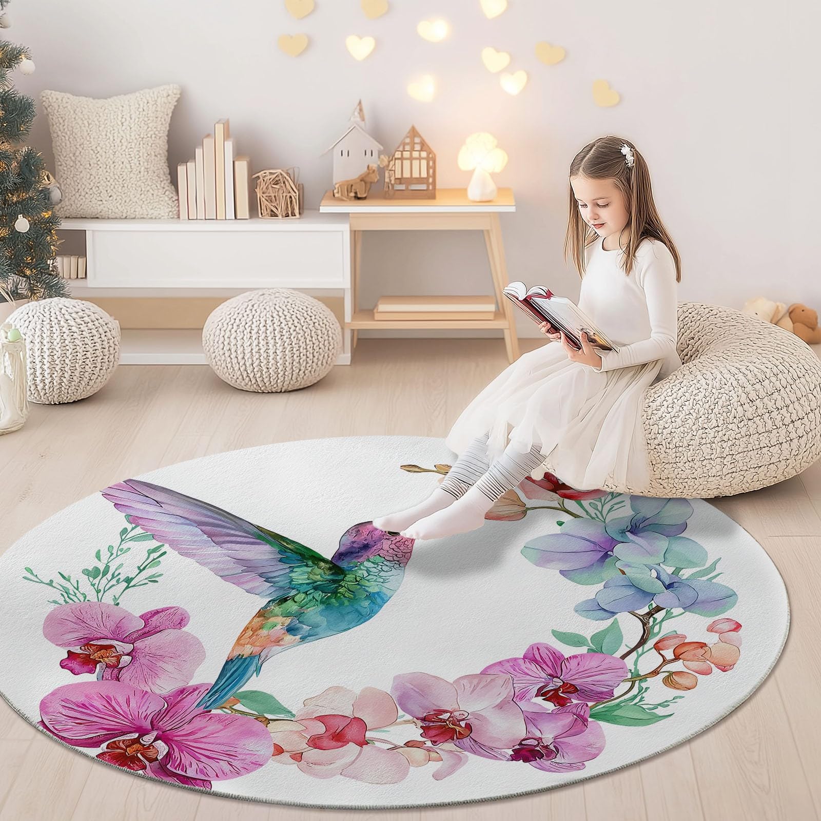 Generisch Aquarell Kolibri Orchidee Runder Teppich Wohnzimmer, Weiß Style Schlafzimmer Dekoration Teppich Teenager Männer Gaming Zone Rugs Mat rutschfest Washable, 120 cm