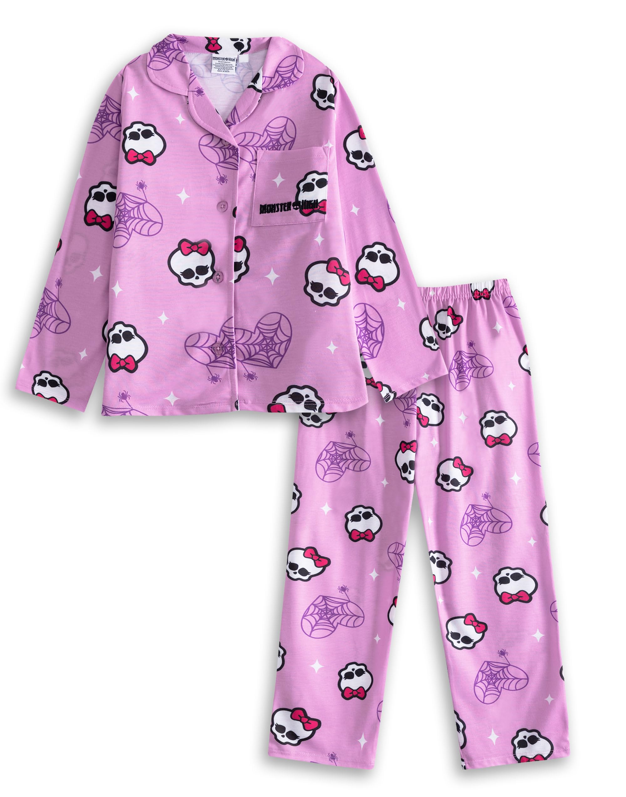 Monster High Girls Pink Long Sleeve Long Leg Pyjama Set | Collared Button-Up Sleepwear With Character Design | Cartoon Nightwear For Bedtime Merch - 7-8 Years