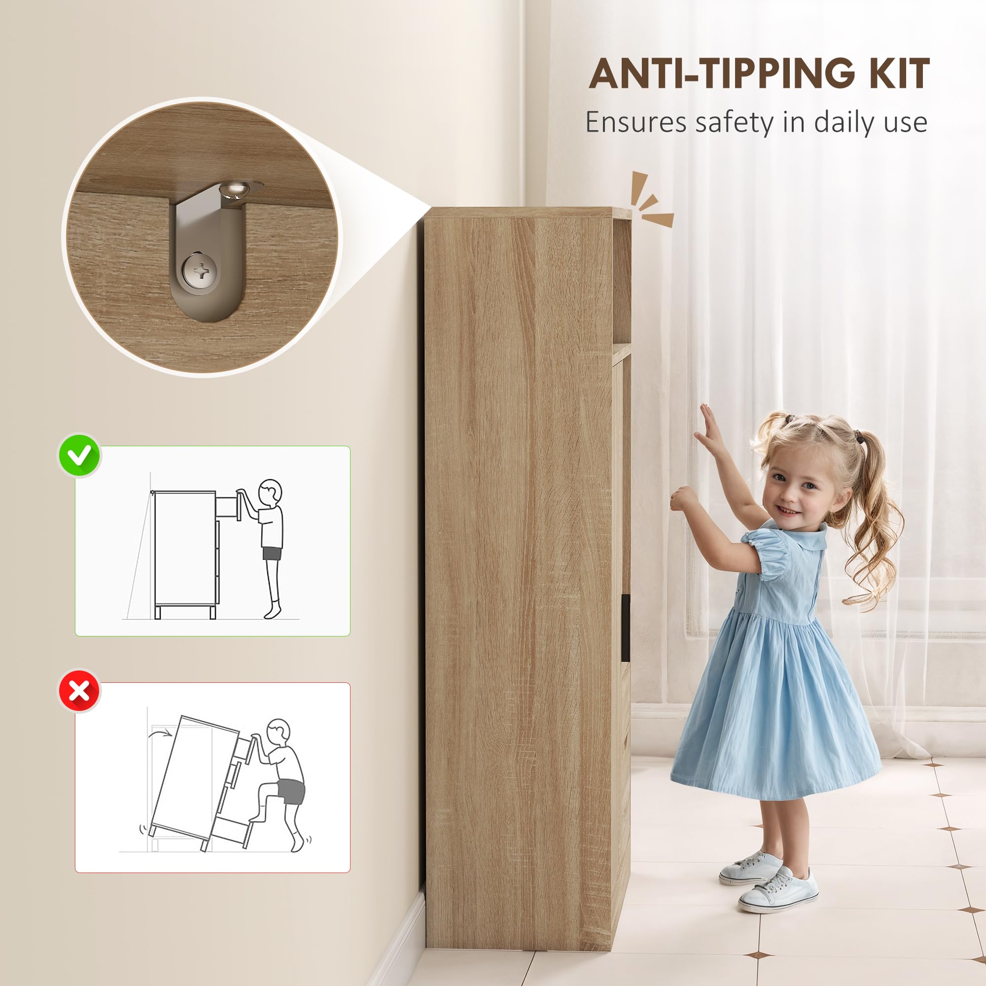 HOMCOM Mobiletto Bagno Salvaspazio Slim, Mobile Bagno con 2 Cassetti, Ripiani Regolabili a 3 Livelli e Armadietto, Stile Nordico, 50x25x100 cm, Legno Naturale