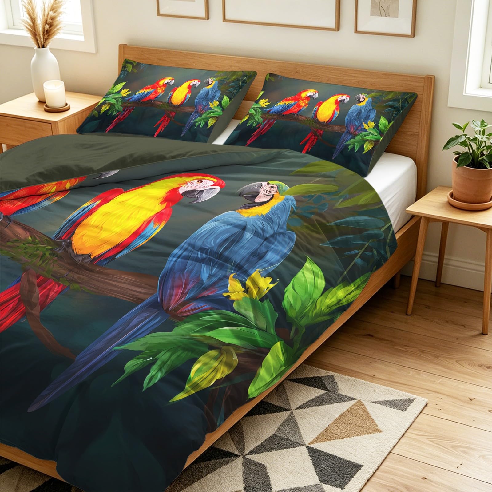 Generisch Tropikalna pościel z papugą, żywy ptak, zielone liście, 200 x 200 cm, 3-częściowy zestaw dekoracyjny, poszewka na kołdrę z mikrofibry, poszewka na kołdrę z 2 poszewkami na poduszkę 80 x 80